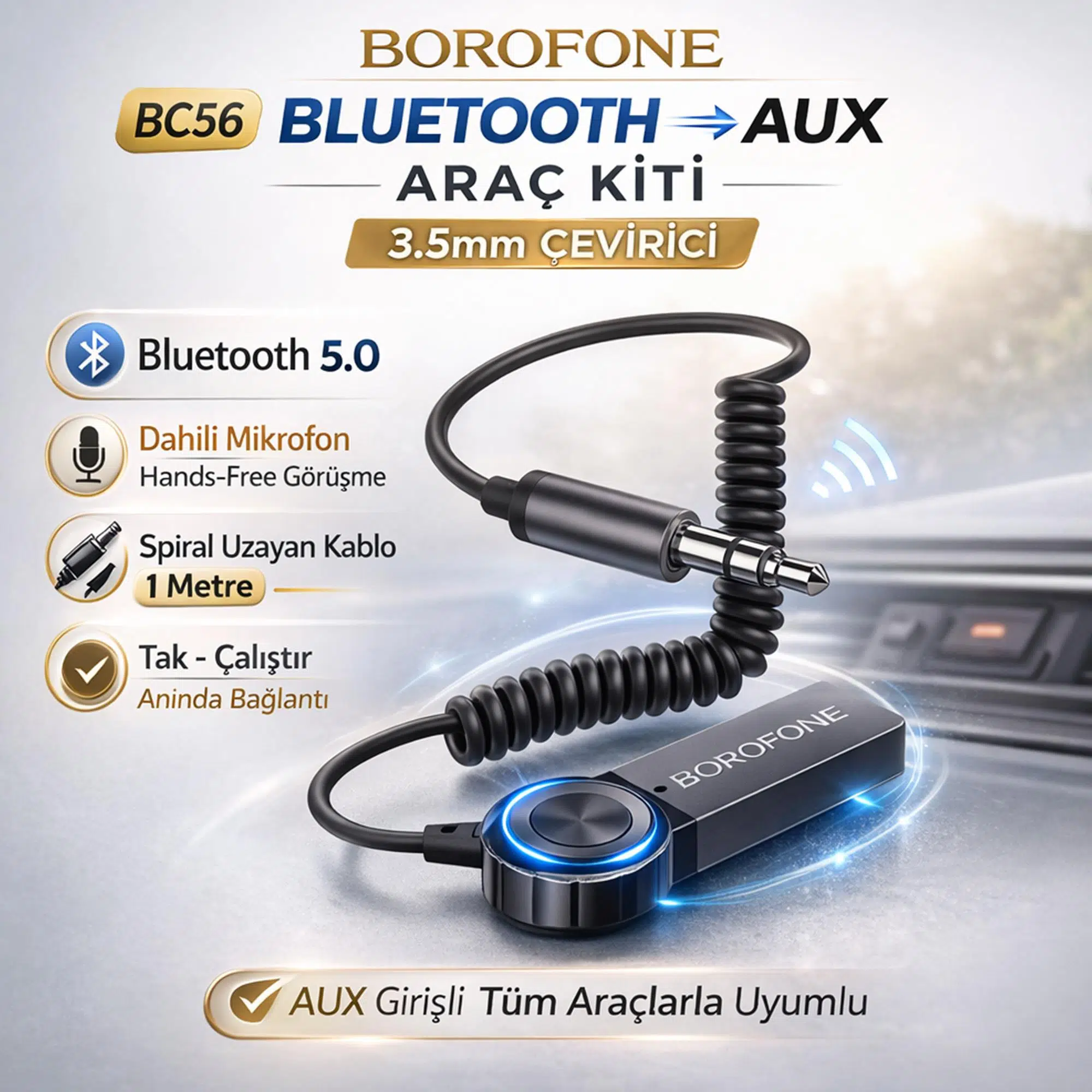 Borofone BC56 Araç İçi Bluetooth to Aux 3.5mm Çevirici Araç Kiti Mikrofonlu