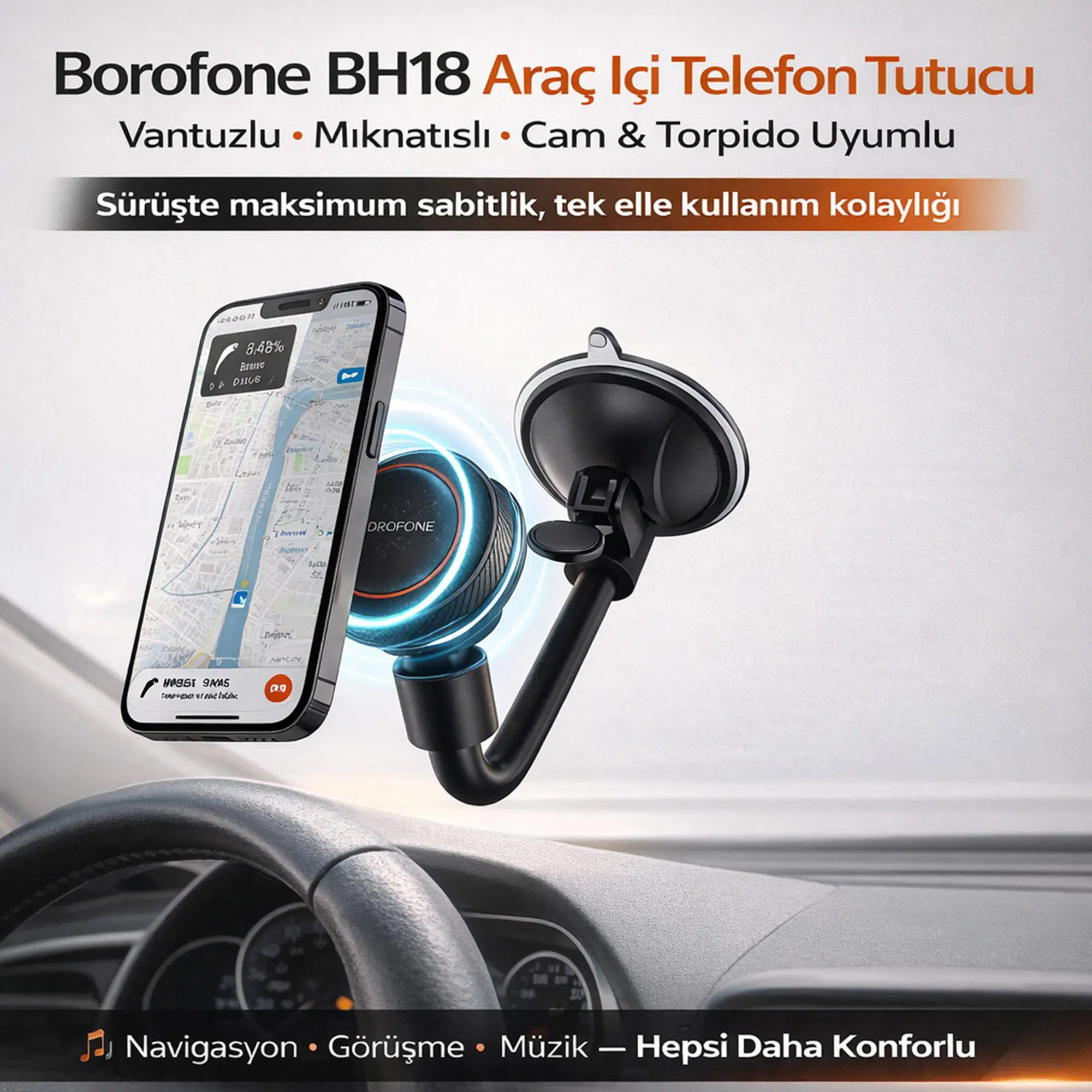 Borofone BH18 Araç İçi Telefon Tutucu Vantuzlu Mıknatıslı Cam ve Torpido Uyumlu