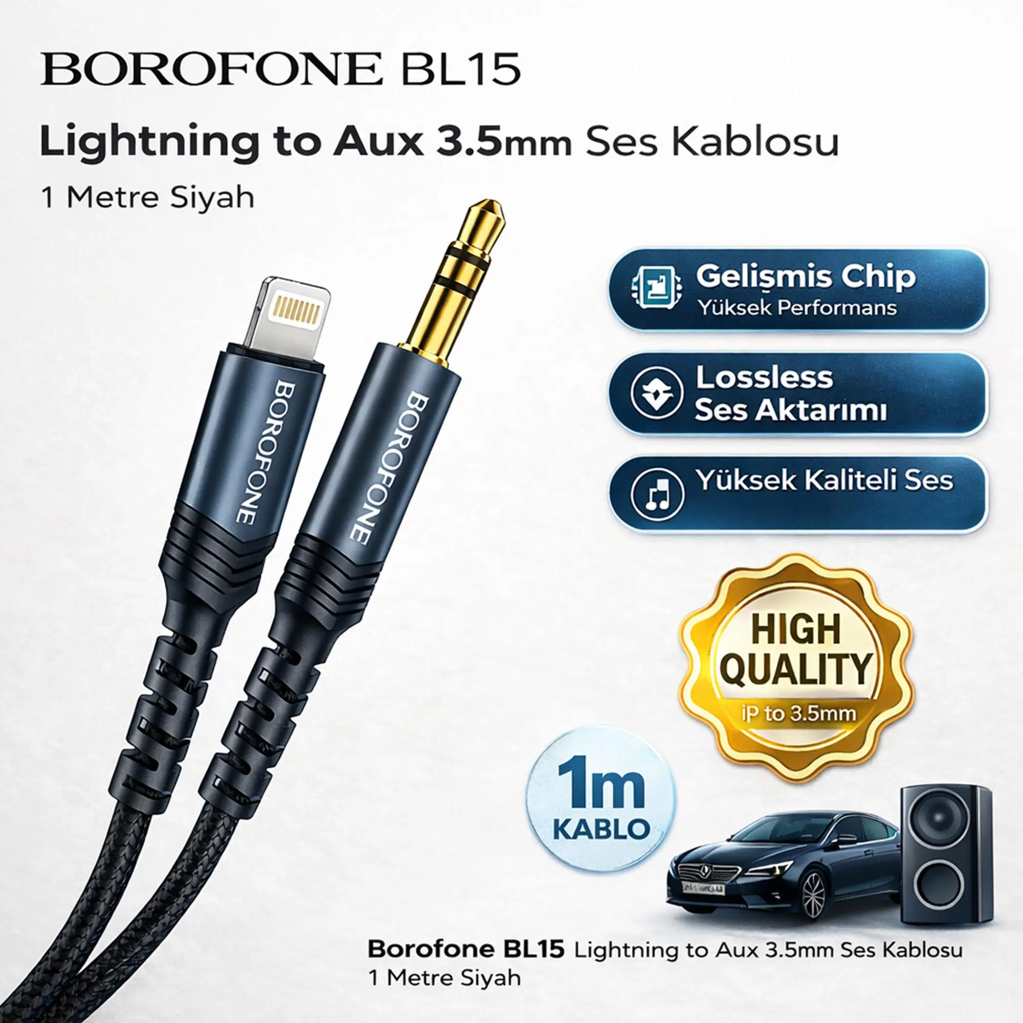 Borofone BL15 Lightning to Aux 3.5mm Ses Kablosu 1 Metre Siyah