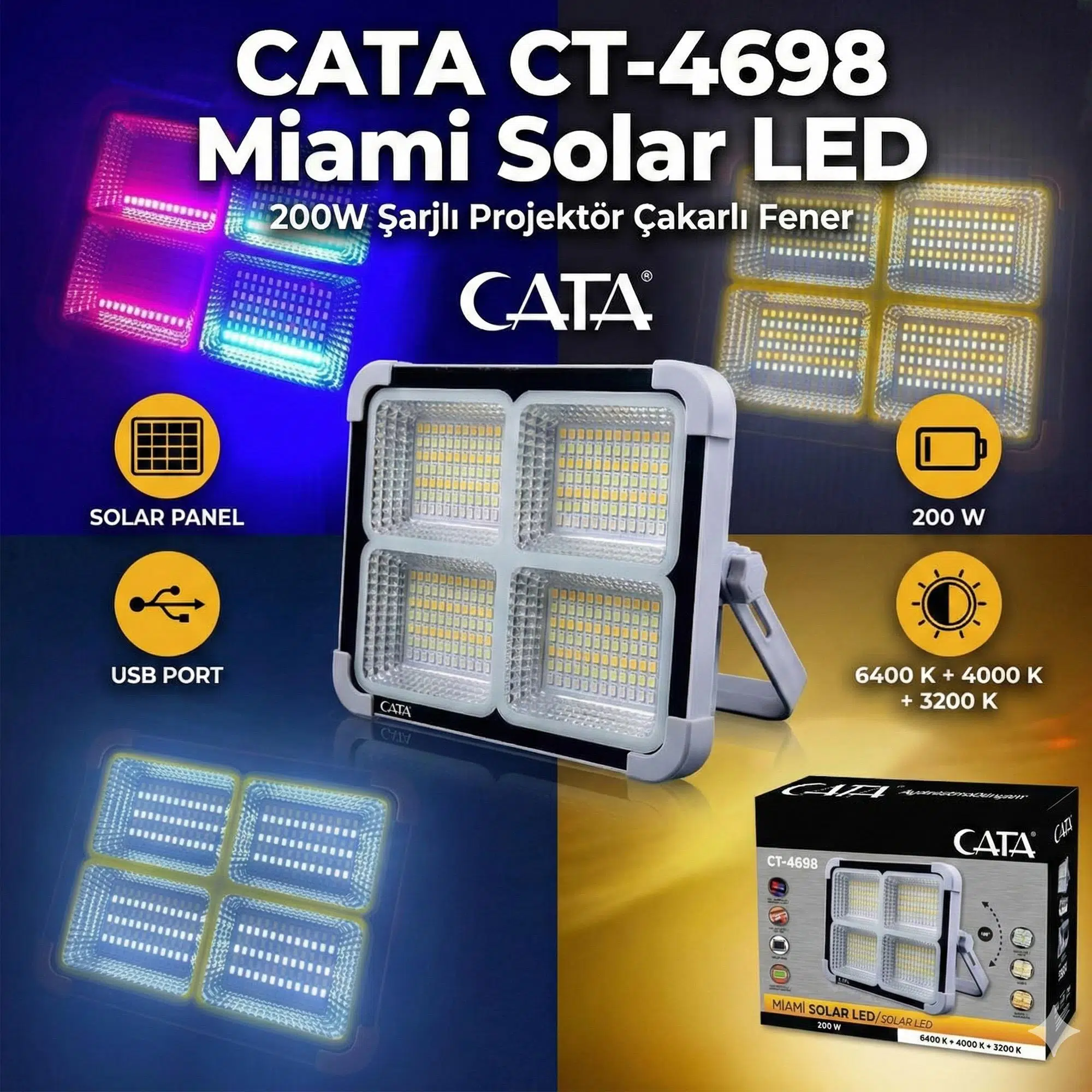 Cata CT-4698 Miami Solar Led 200W Şarjlı Projektör Çakarlı Fener Gri