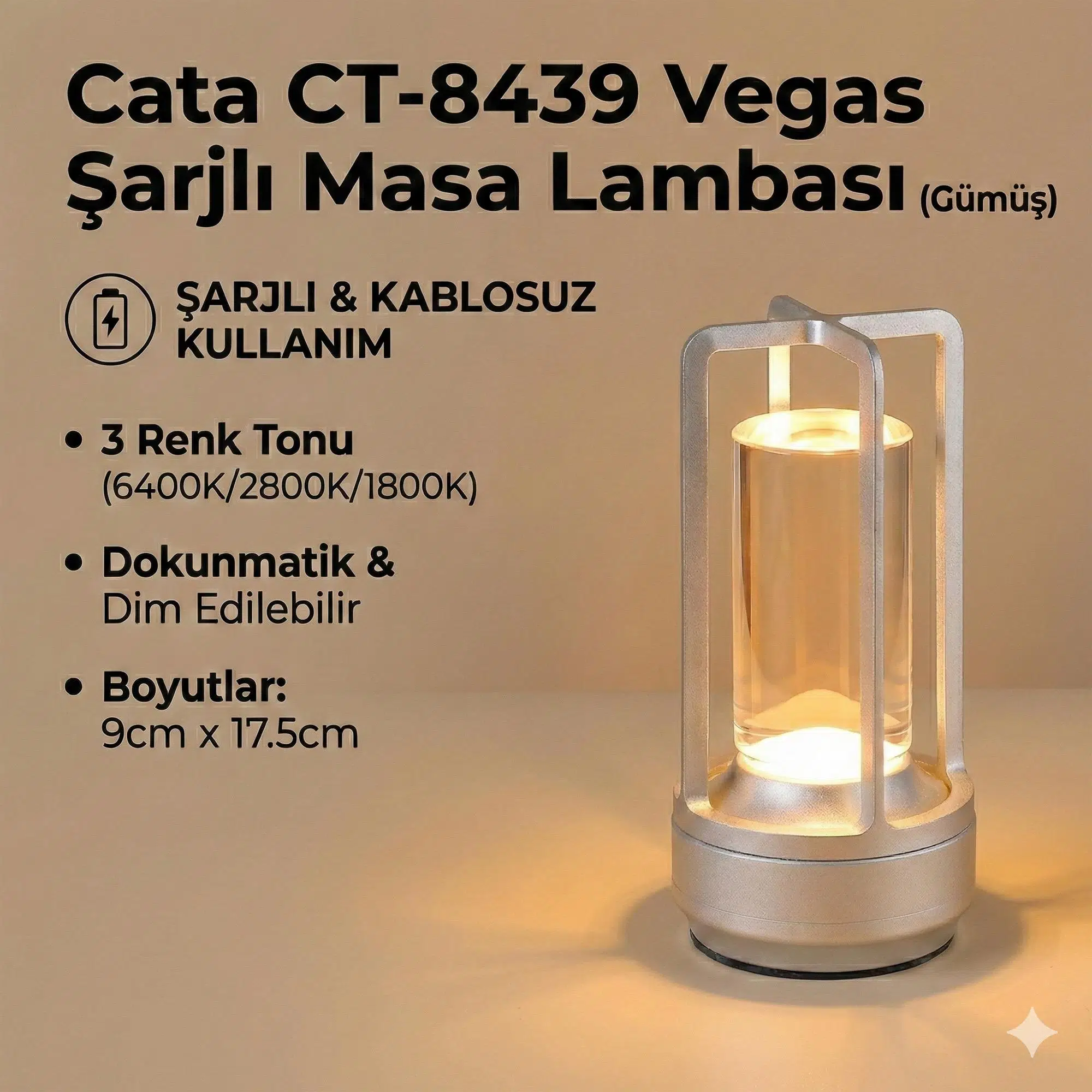 Cata CT-8439 Vegas Şarjlı Masa Lambası Dokunmatik 6400K Gümüş