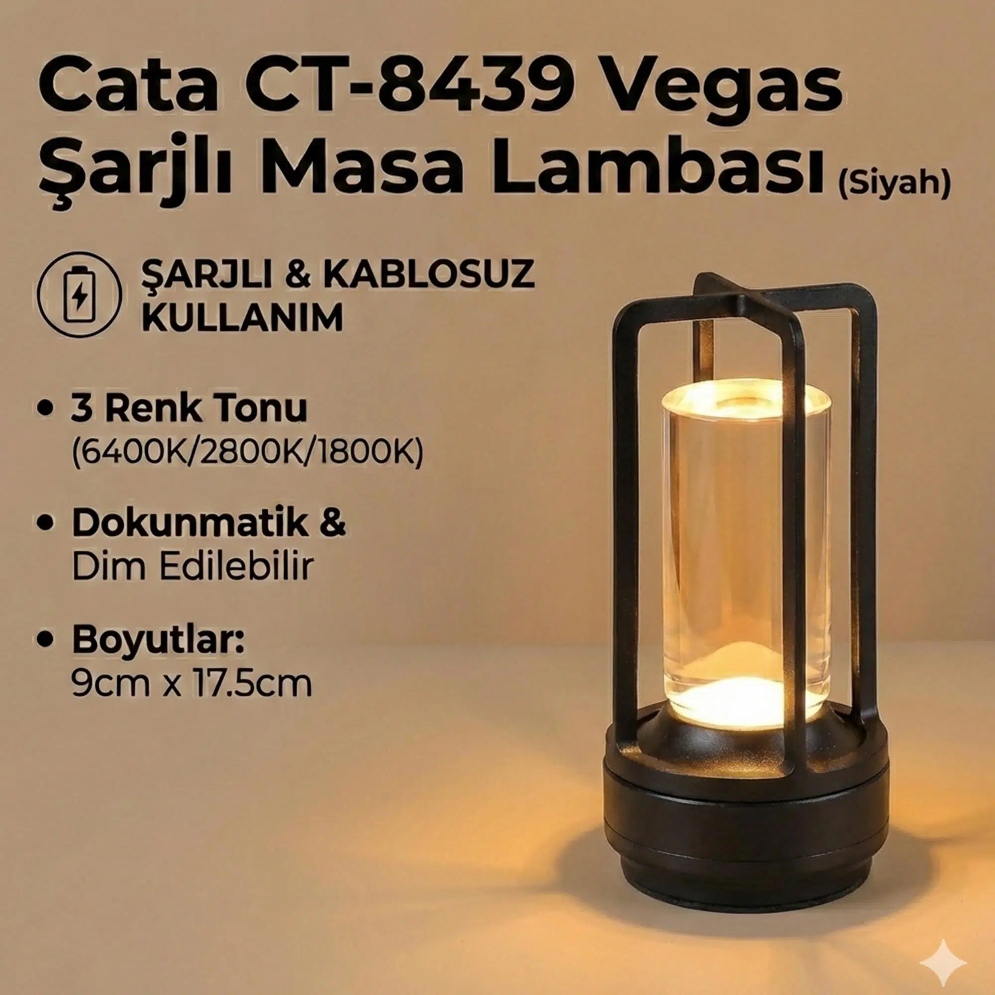 Cata CT-8439 Vegas Şarjlı Masa Lambası Dokunmatik 6400K Siyah