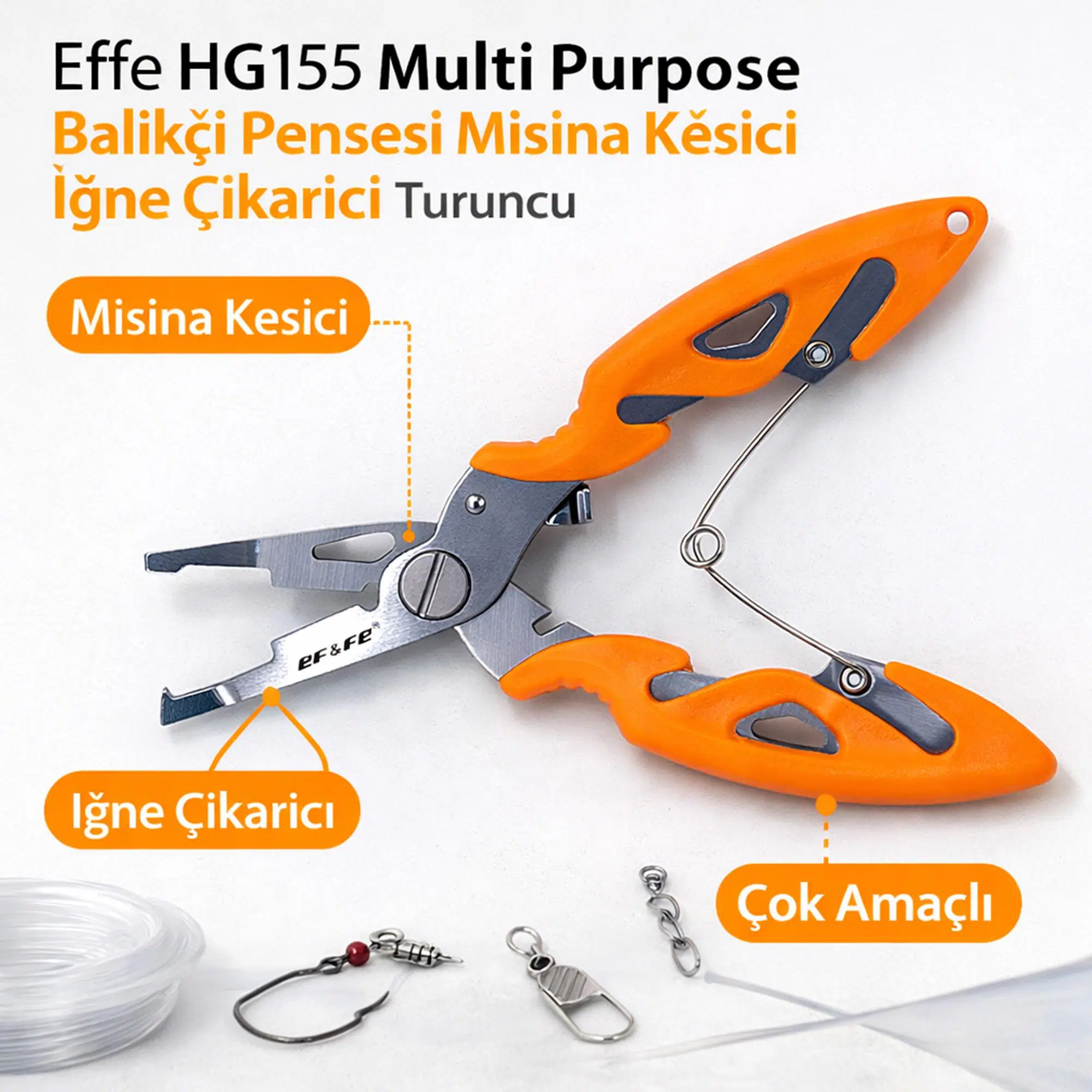Effe HG155 Multi Purpose Balıkçı Pensesi Misina Kesici İğne Çıkarıcı Turuncu