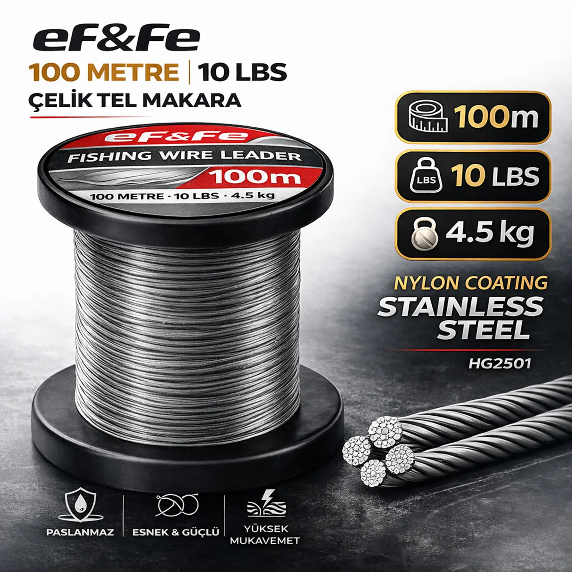 Effe HG2501 Çelik Tel Makara 100m 10Lbs 4.5kg Nylon Coating Stainless Steel