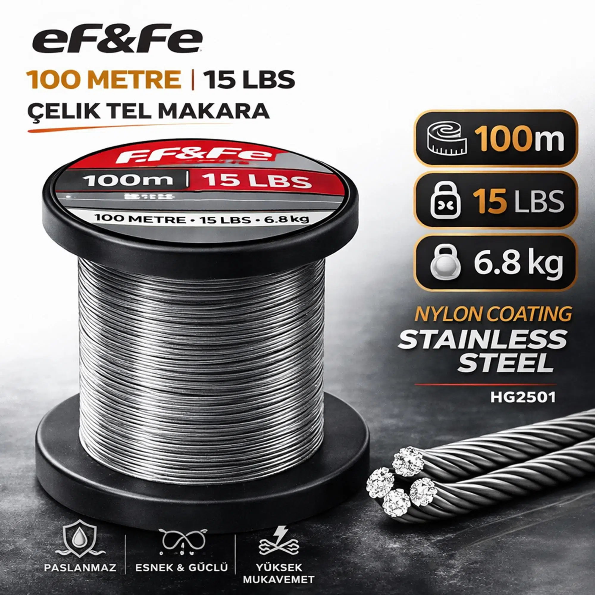 Effe HG2501 Çelik Tel Makara 100m 15Lbs 6.8kg Nylon Coating Stainless Steel
