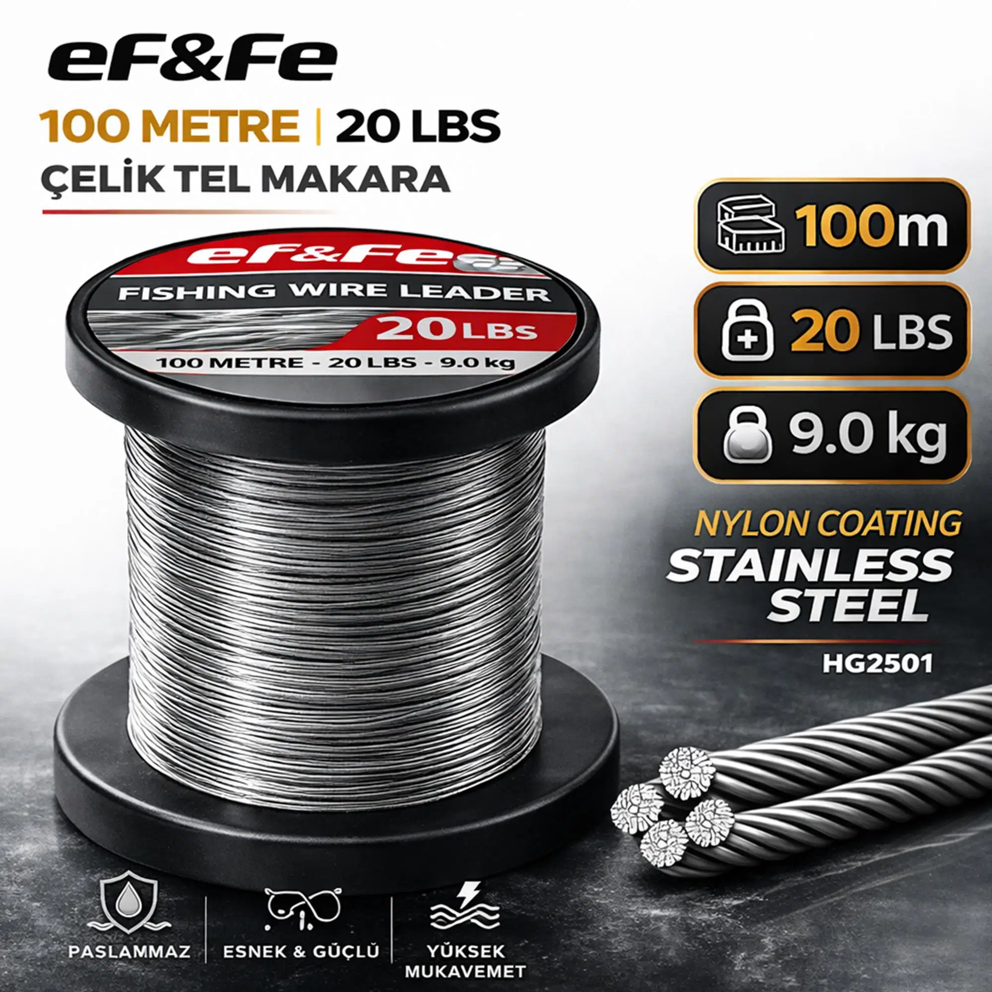 Effe HG2501 Çelik Tel Makara 100m 20Lbs 9.0kg Nylon Coating Stainless Steel