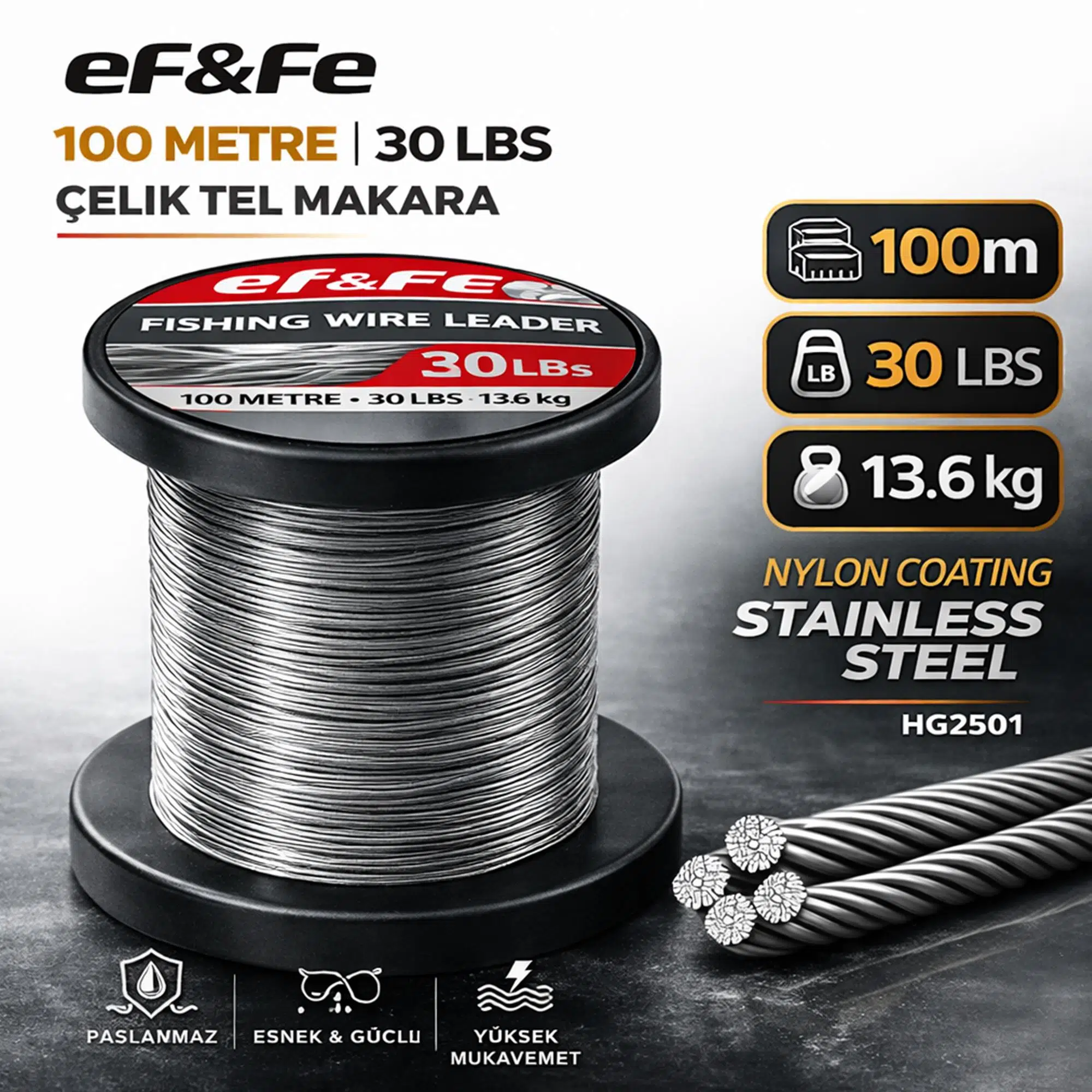 Effe HG2501 Çelik Tel Makara 100m 30Lbs 13.6kg Nylon Coating Stainless Steel