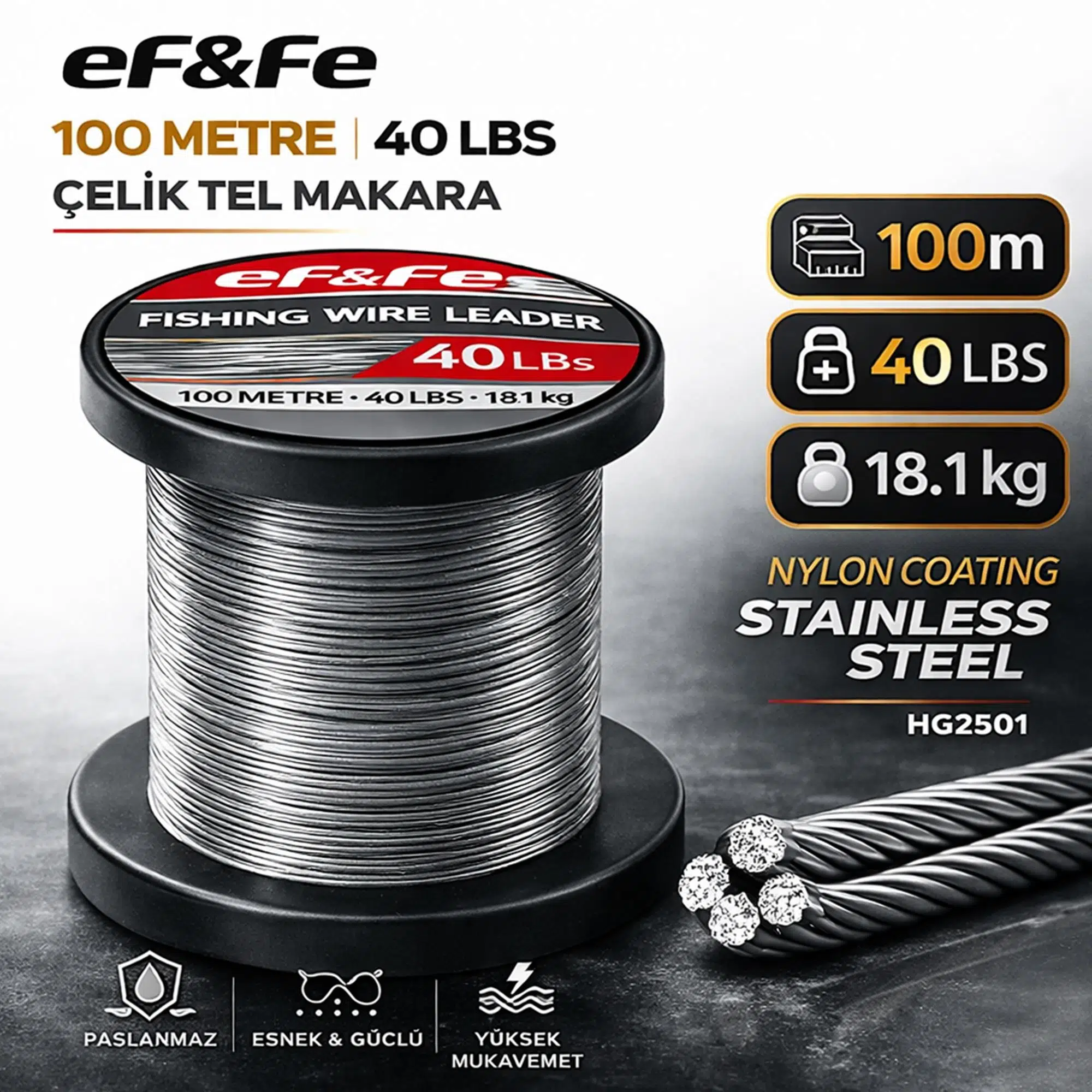 Effe HG2501 Çelik Tel Makara 100m 40Lbs 18.1kg Nylon Coating Stainless Steel