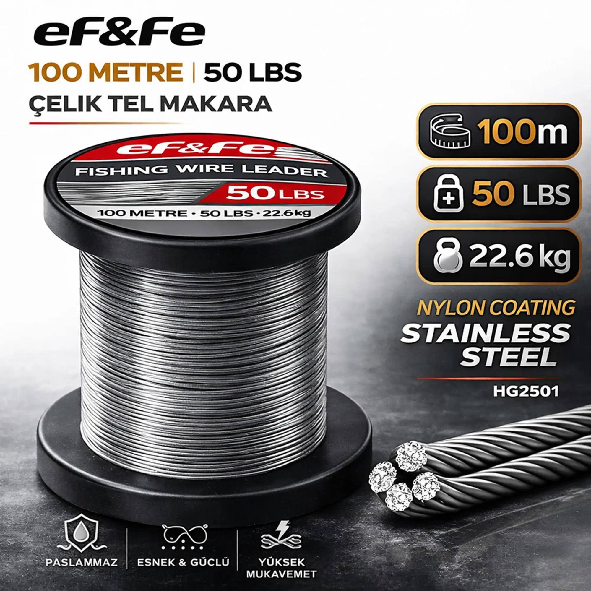 Effe HG2501 Çelik Tel Makara 100m 50Lbs 22.6kg Nylon Coating Stainless Steel