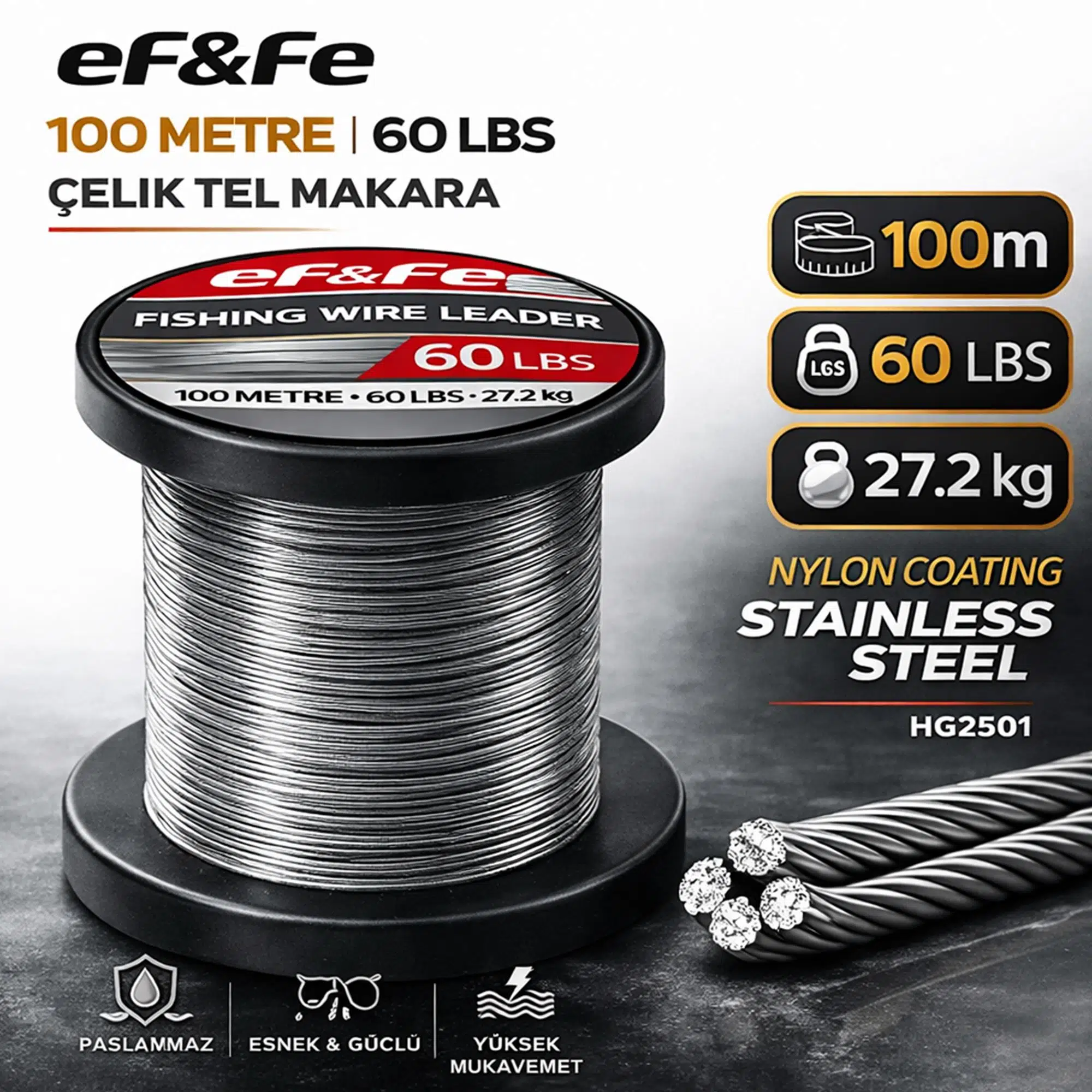 Effe HG2501 Çelik Tel Makara 100m 60Lbs 27.2kg Nylon Coating Stainless Steel