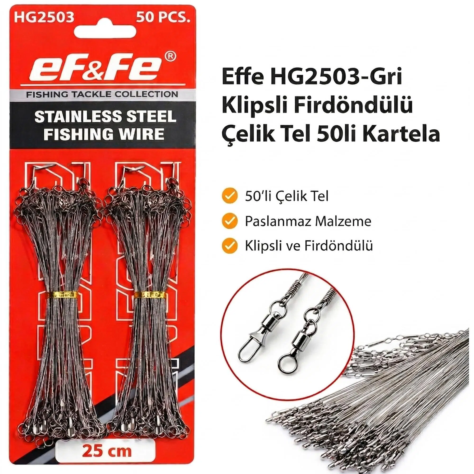 Effe HG2503-Gri Klipsli Fırdöndülü Çelik Tel 50li Kartela 25cm
