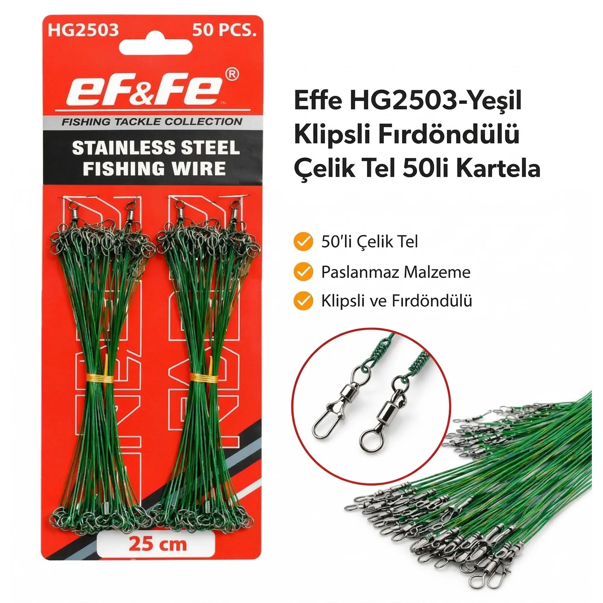 Effe HG2503-Yeşil Klipsli Fırdöndülü Çelik Tel 50li Kartela 25cm