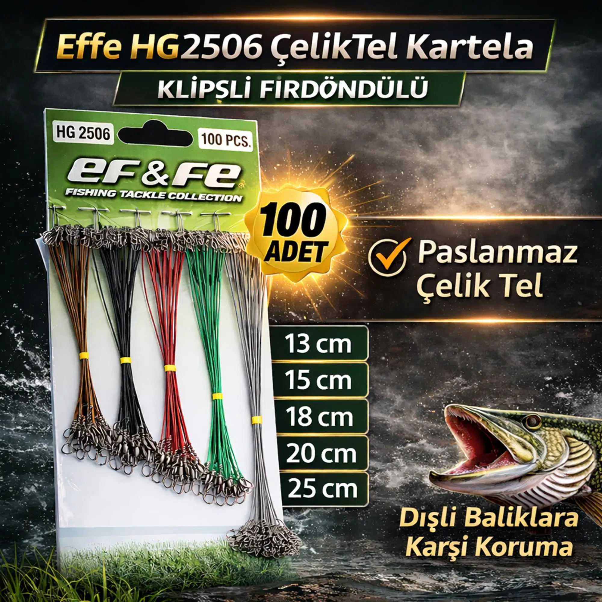 Effe HG2506 Klipsli Fırdöndülü Çelik Tel 100lü Kartela (13-15-18-20-25cm)