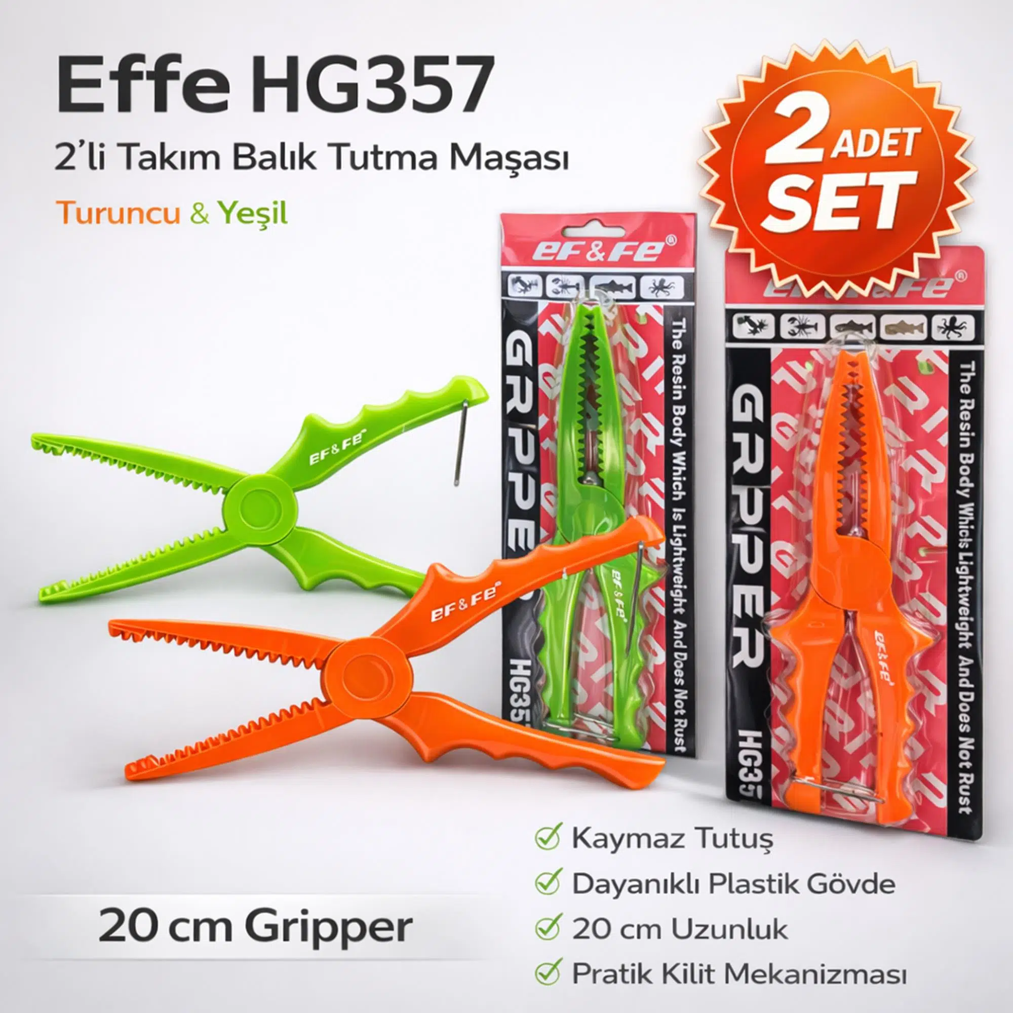 Effe HG357 2li Takım Balık Tutma Maşası 20cm Gripper Turuncu Yeşil
