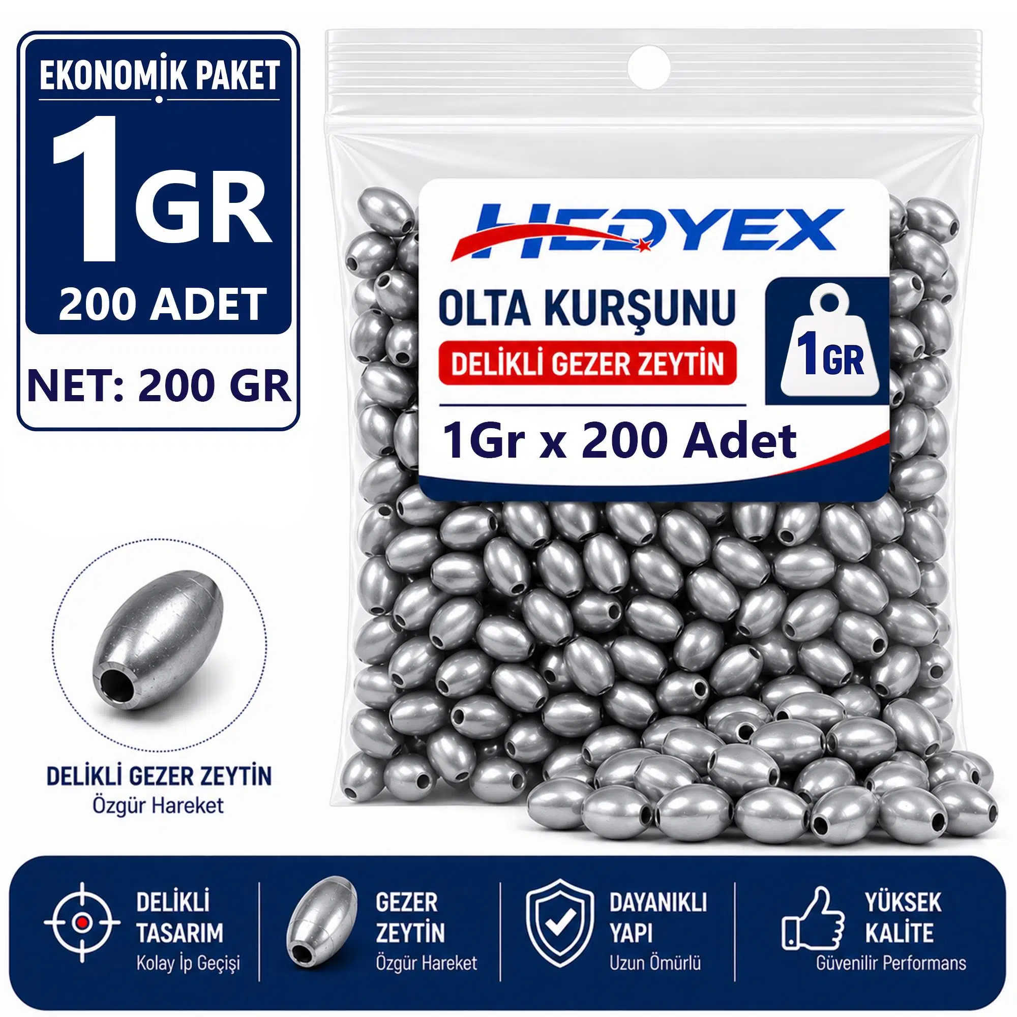 Hedyex 1 Gr 200 Adet (200 Gr) Olta Kurşunu Delikli Gezer Zeytin