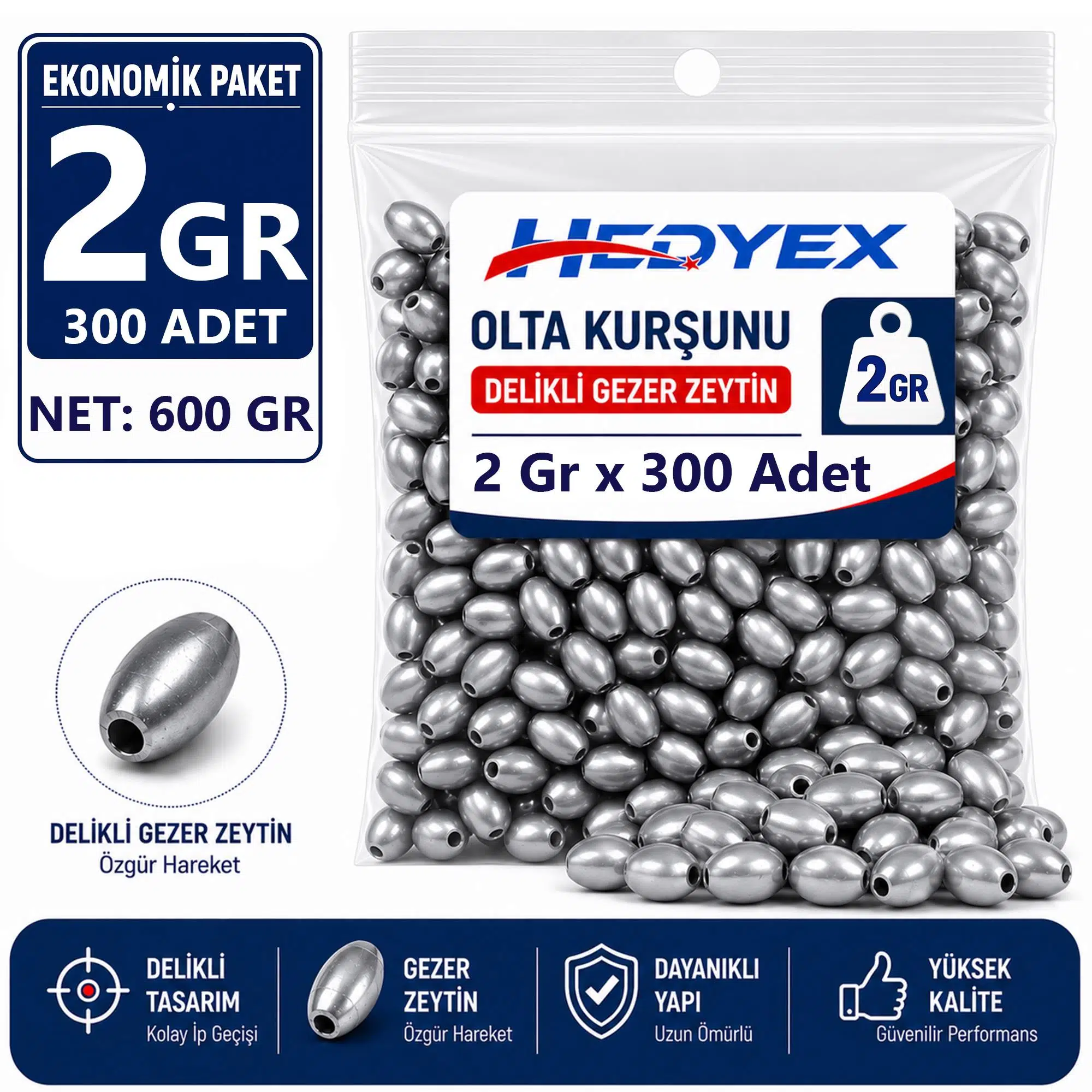 Hedyex 2 Gr 300 Adet (600 Gr) Olta Kurşunu Delikli Gezer Zeytin