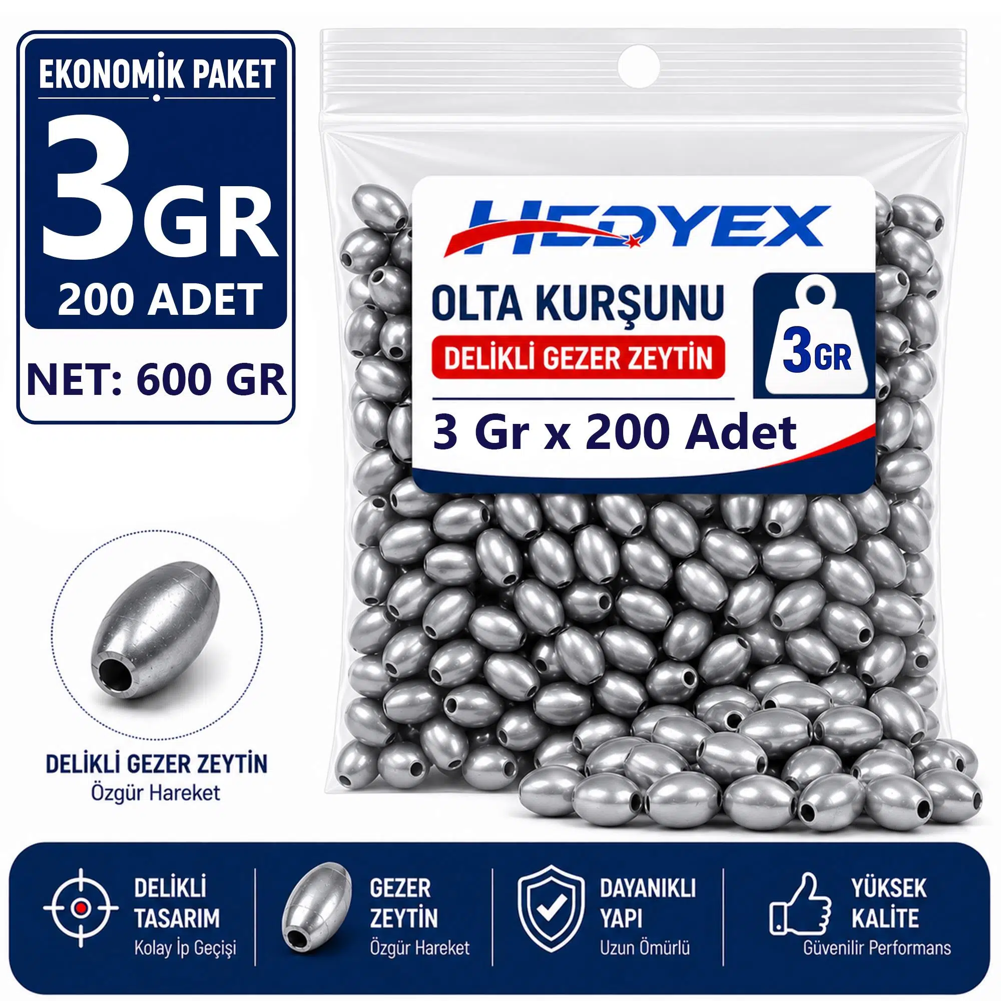 Hedyex 3 Gr 200 Adet (600 Gr) Olta Kurşunu Delikli Gezer Zeytin