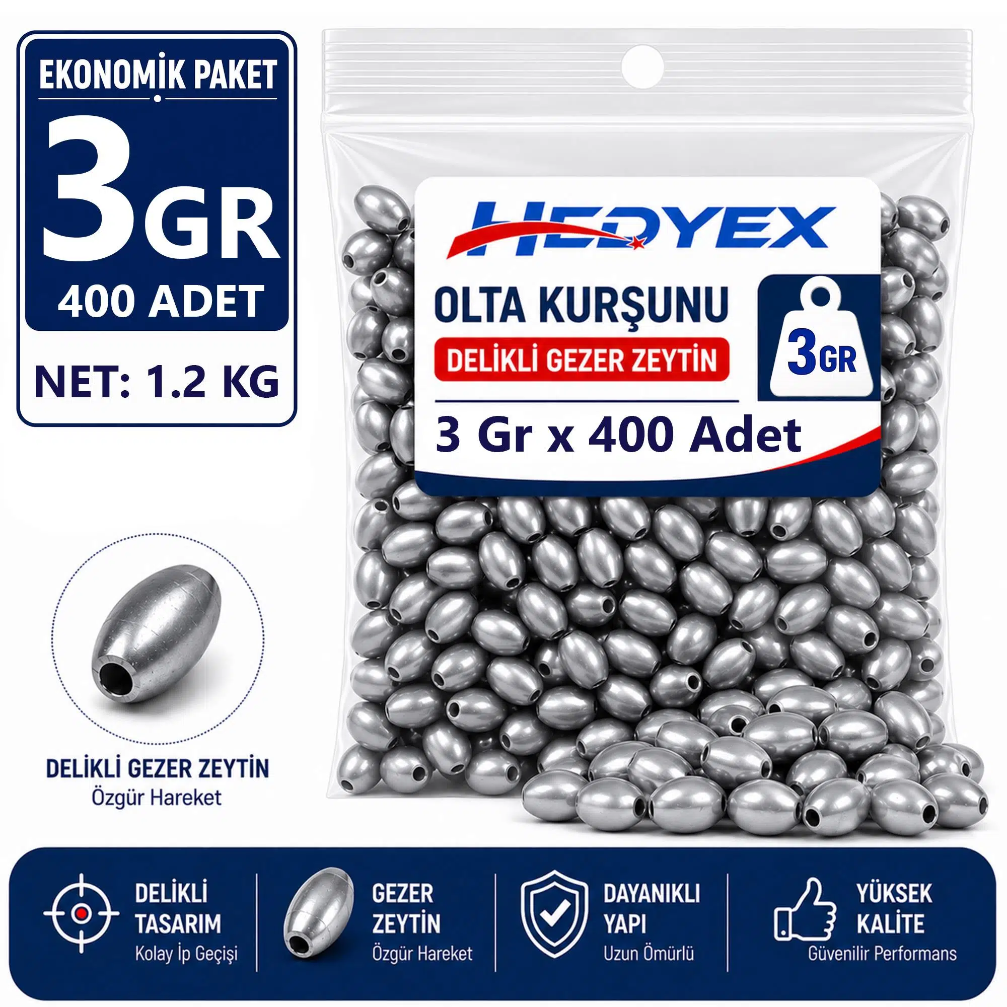 Hedyex 3 Gr 400 Adet (1.2 Kg) Olta Kurşunu Delikli Gezer Zeytin
