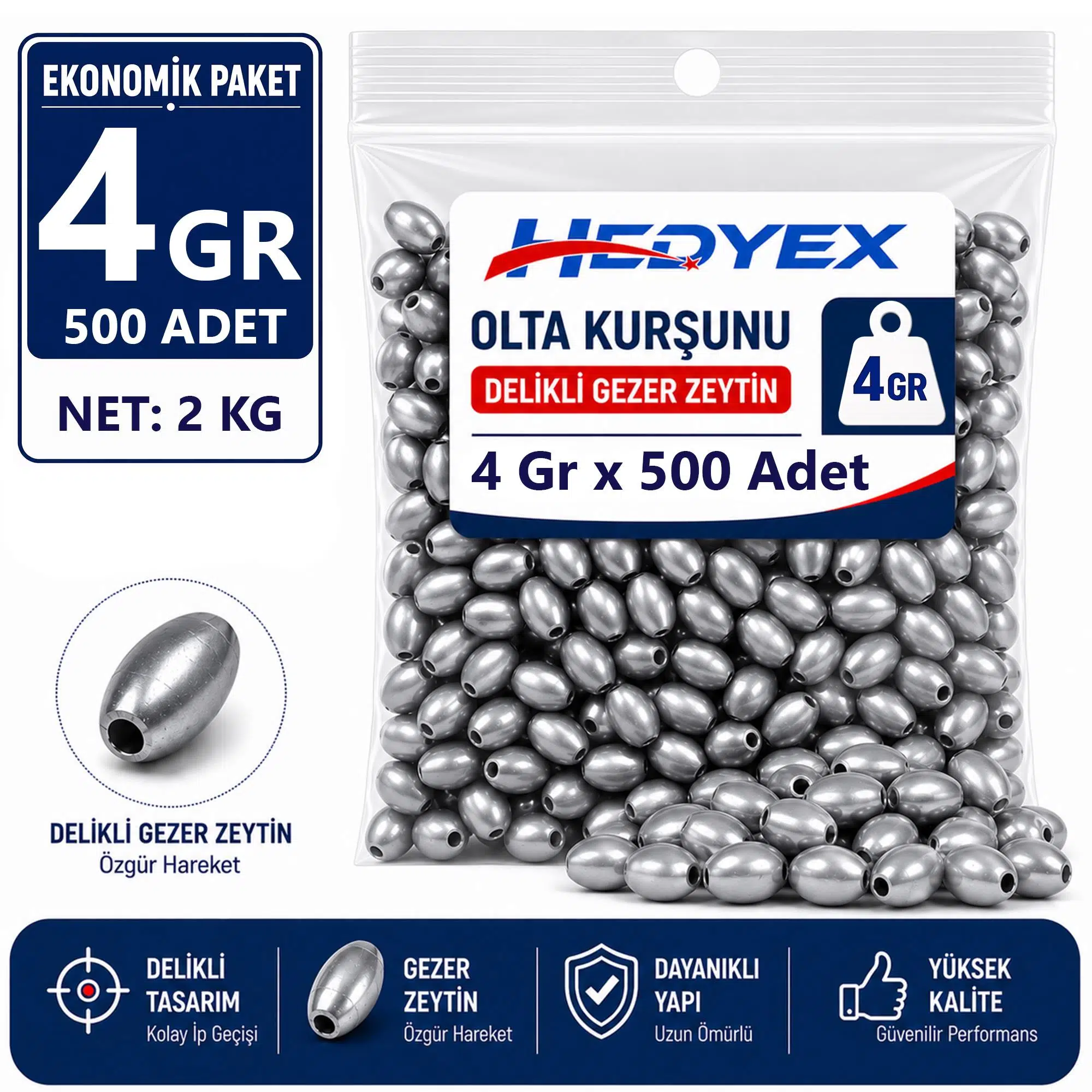 Hedyex 4 Gr 500 Adet (2 Kg) Olta Kurşunu Delikli Gezer Zeytin