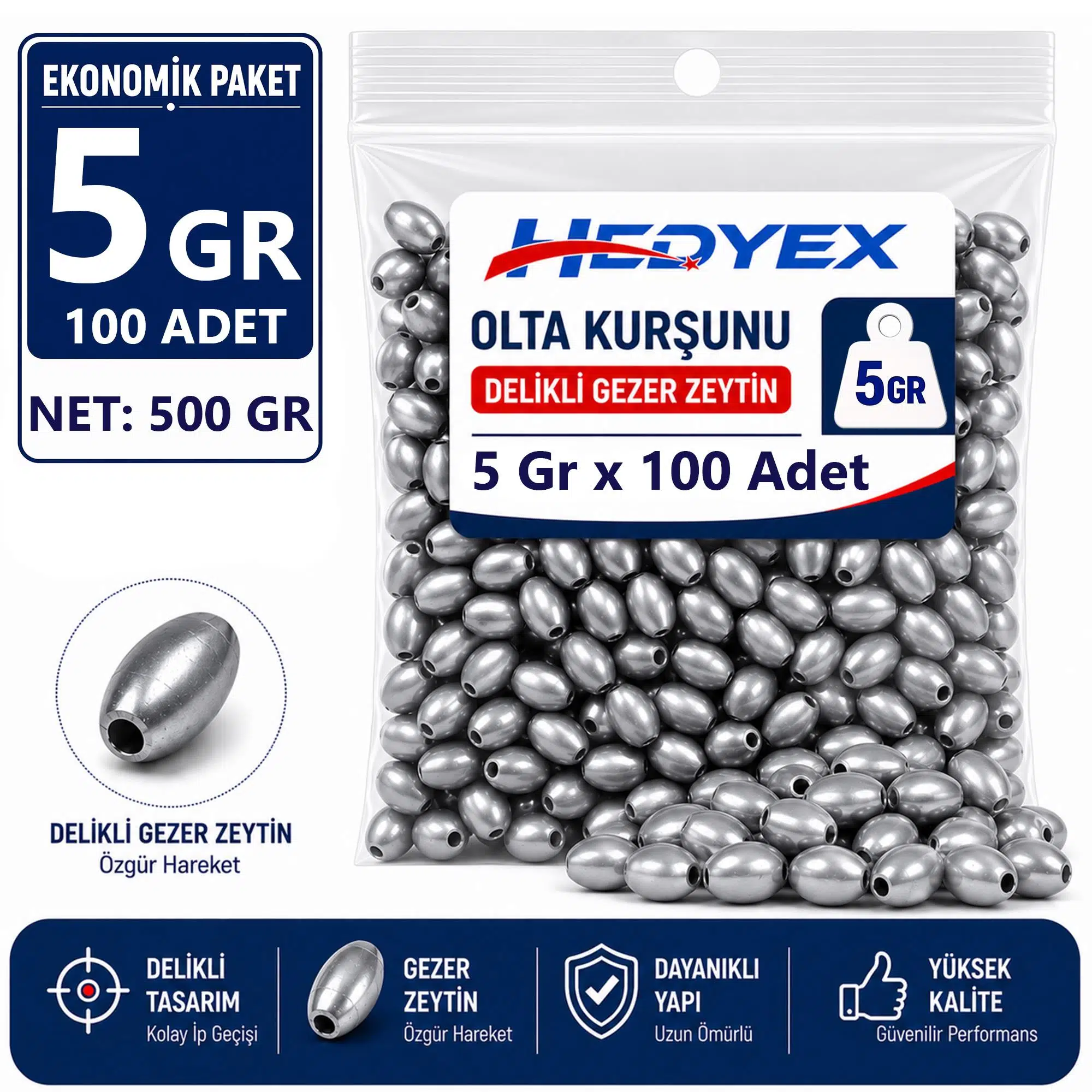 Hedyex 5 Gr 100 Adet (500 Gr) Olta Kurşunu Delikli Gezer Zeytin
