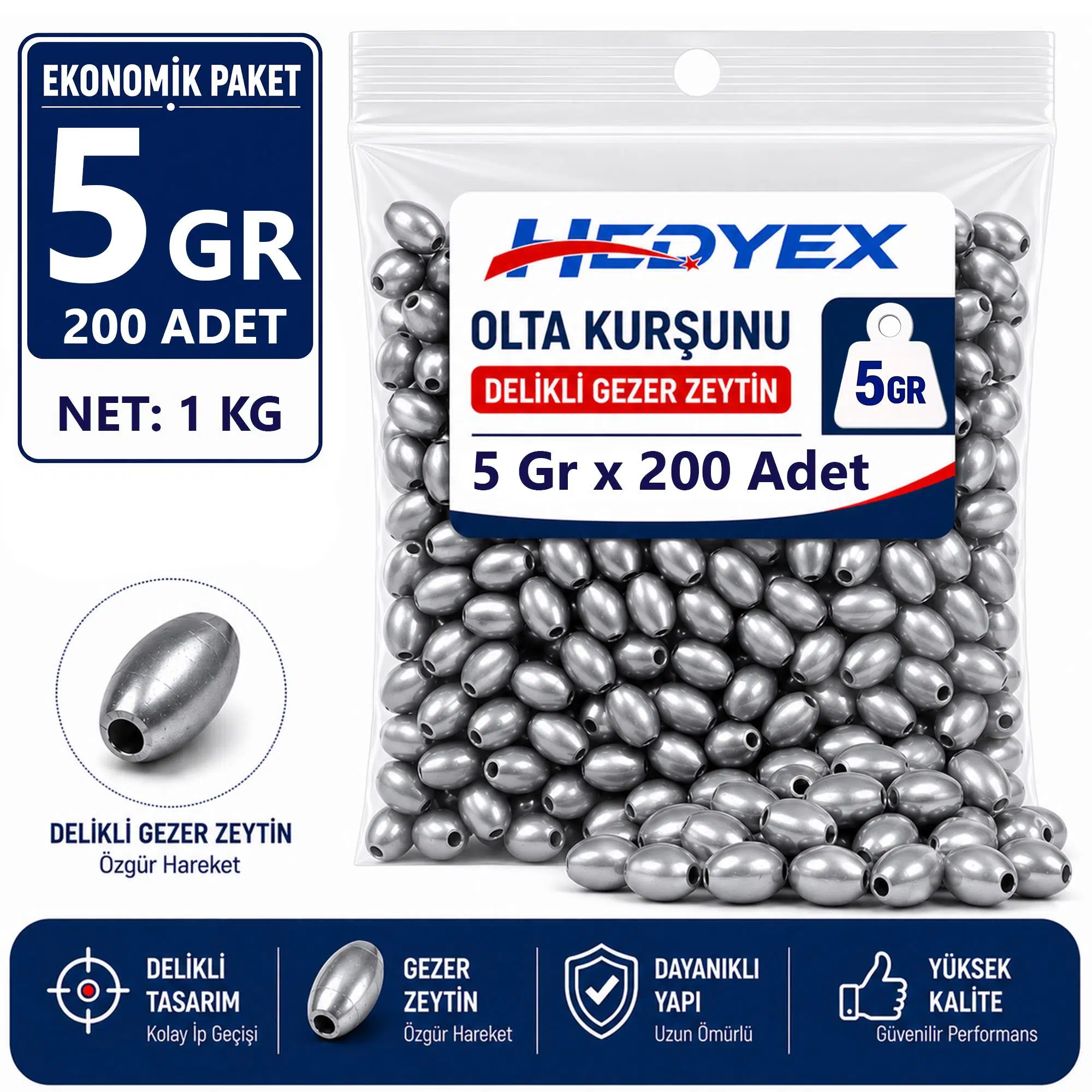 Hedyex 5 Gr 200 Adet (1 Kg) Olta Kurşunu Delikli Gezer Zeytin