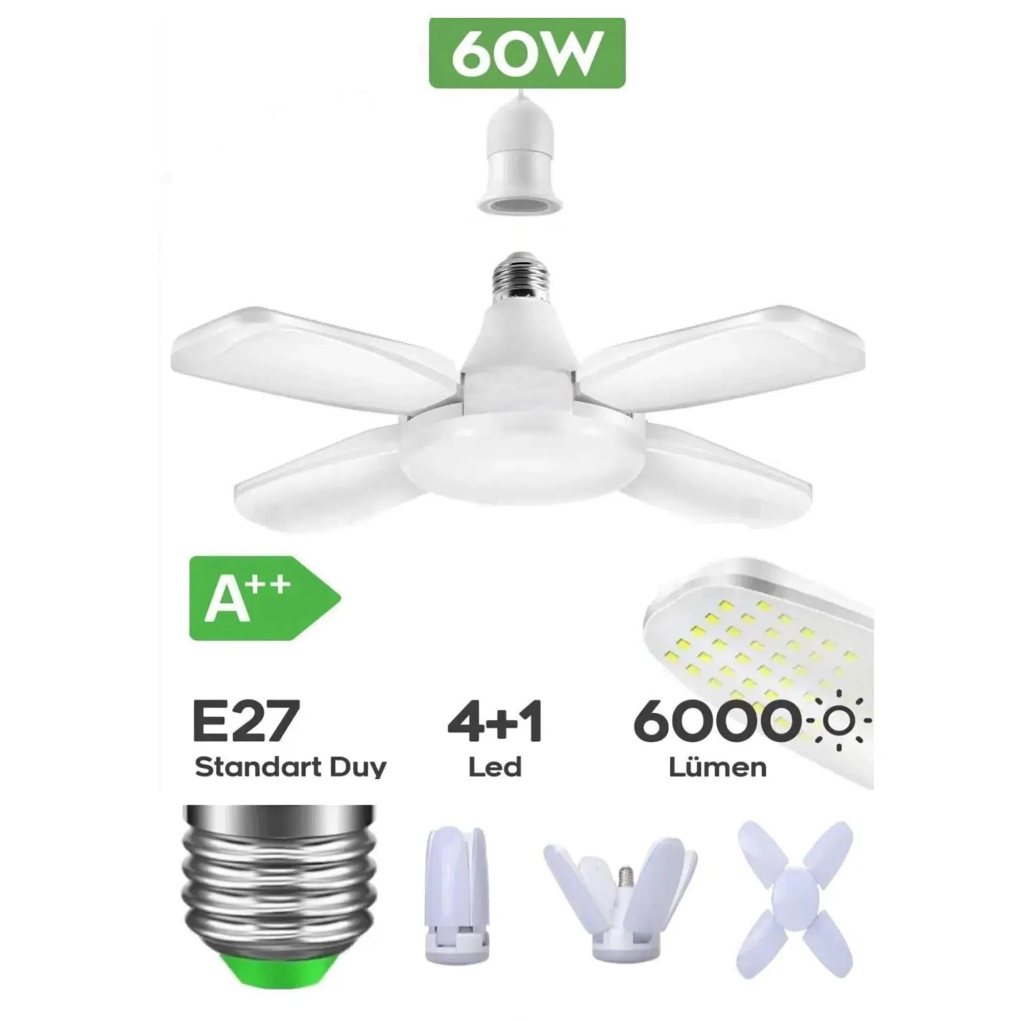 Hedyex 60W 6000LM 4 Kollu Katlanan Led Ampül E27 6500K Beyaz Işık