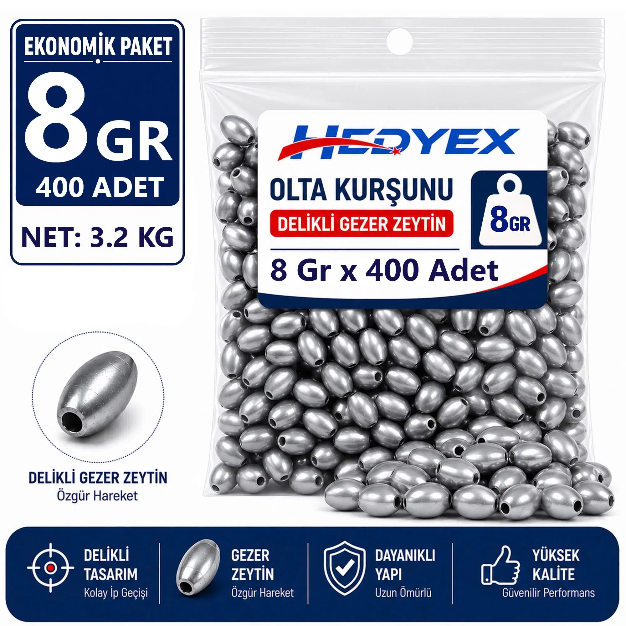 Hedyex 8 Gr 400 Adet (3.2 Kg) Olta Kurşunu Delikli Gezer Zeytin