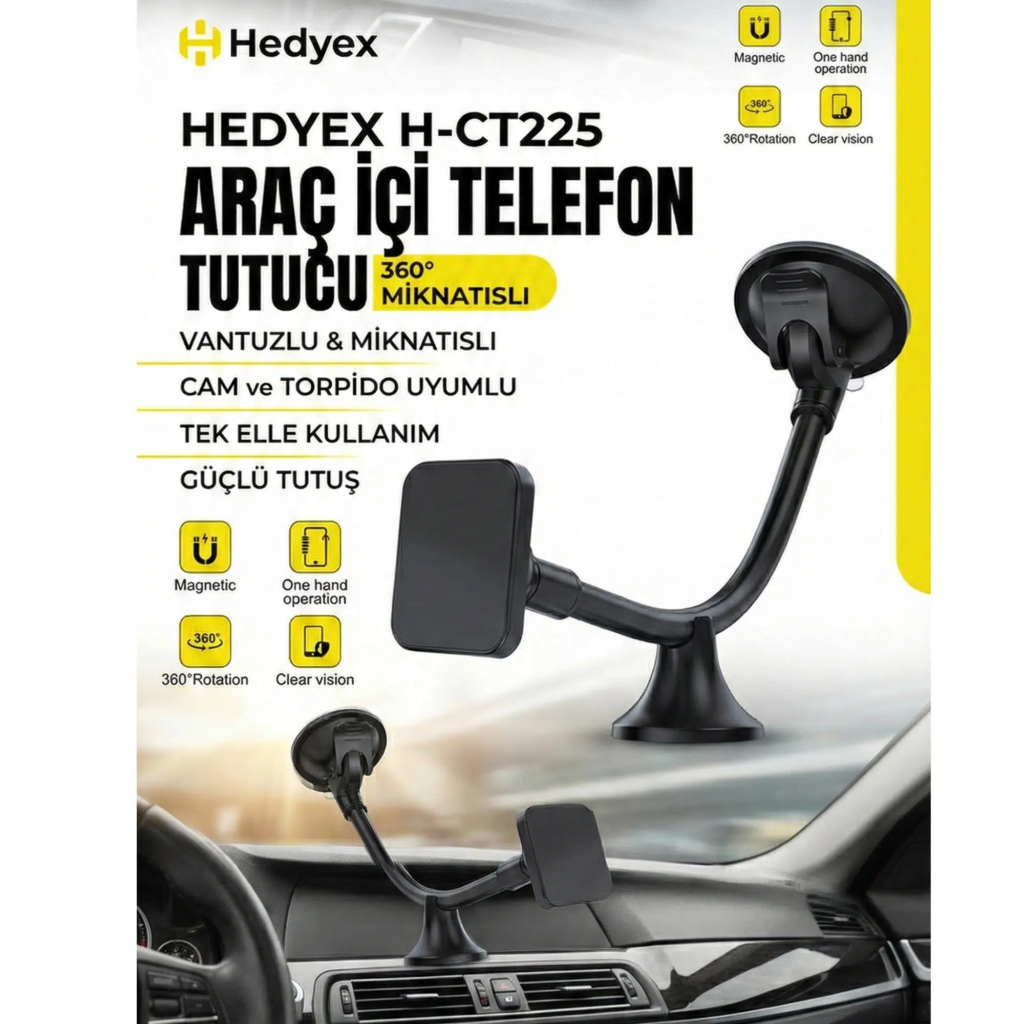 Hedyex H-CT225 Araç İçi Telefon Tutucu Vantuzlu Mıknatıslı Cam ve Torpido Uyumlu