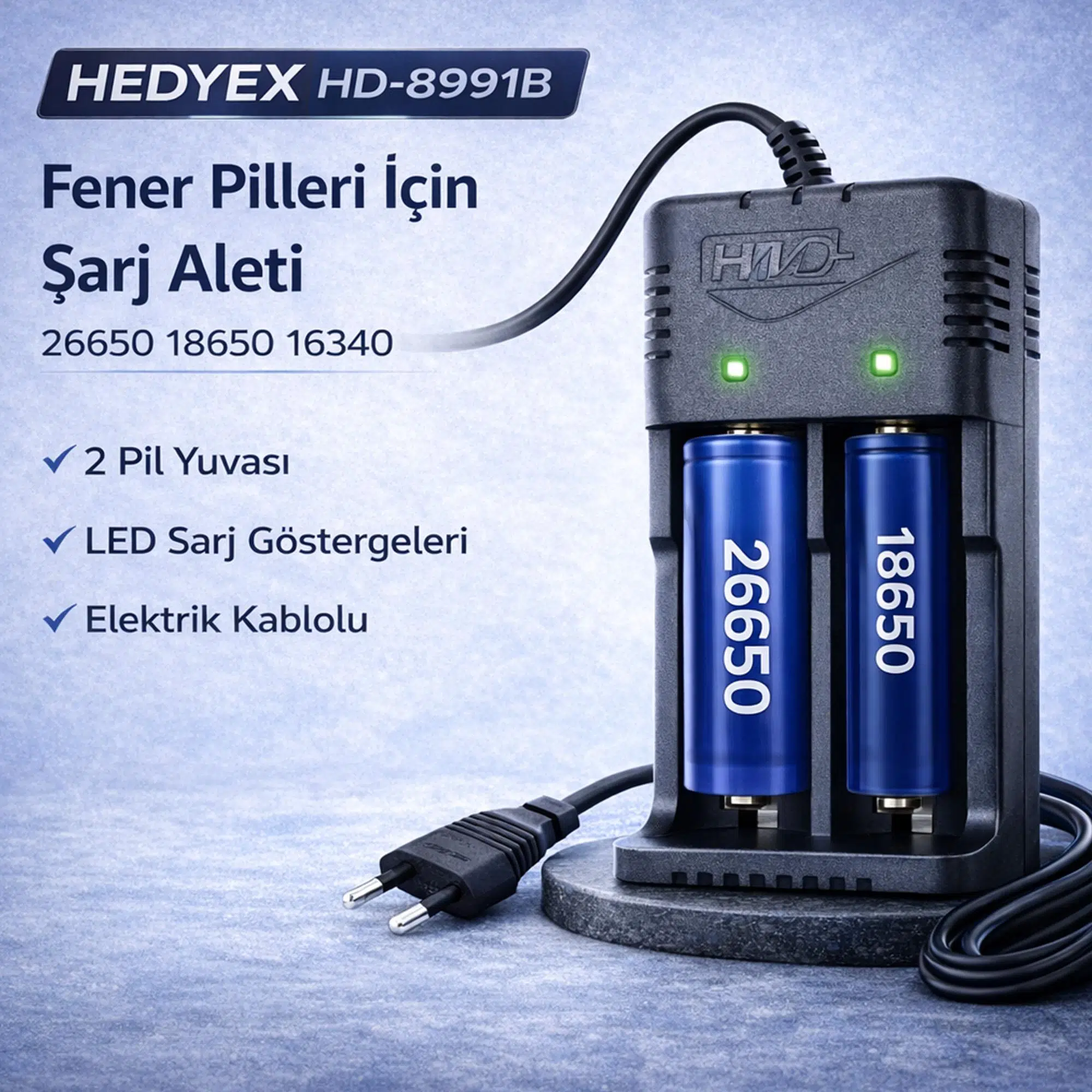 Hedyex HD-8991B Fener Pili Şarj Aleti 2li 26650 18650 16340 Piller İçin Şarj Cihazı