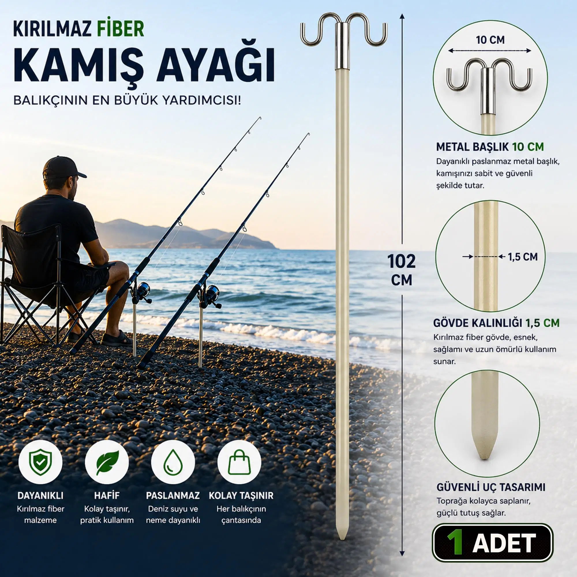 Hedyex Kırılmaz Fiber Kamış Ayağı 102 cm Çift Başlıklı Olta Tutucu 1 Adet
