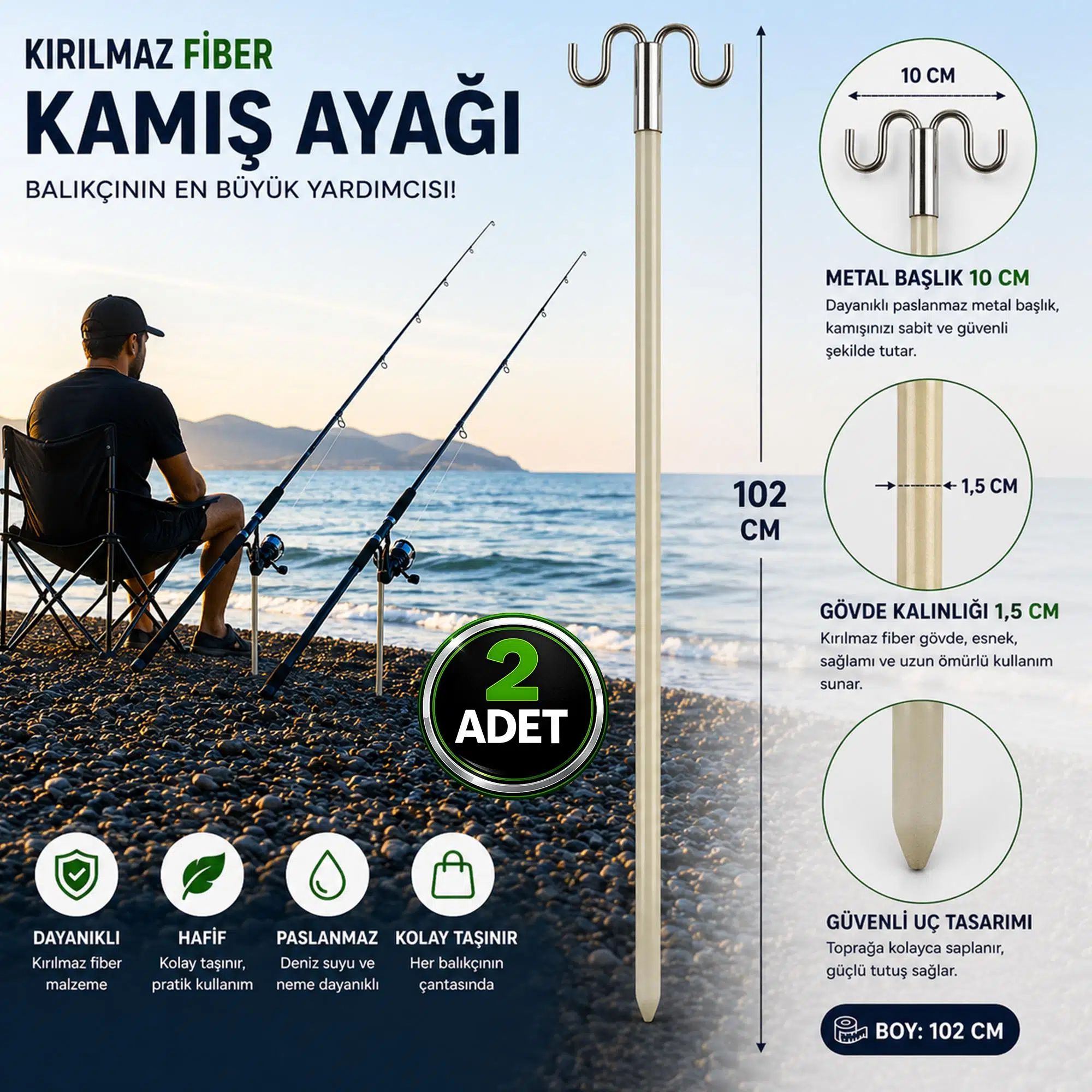 Hedyex Kırılmaz Fiber Kamış Ayağı 102 cm Çift Başlıklı Olta Tutucu 2 Adet