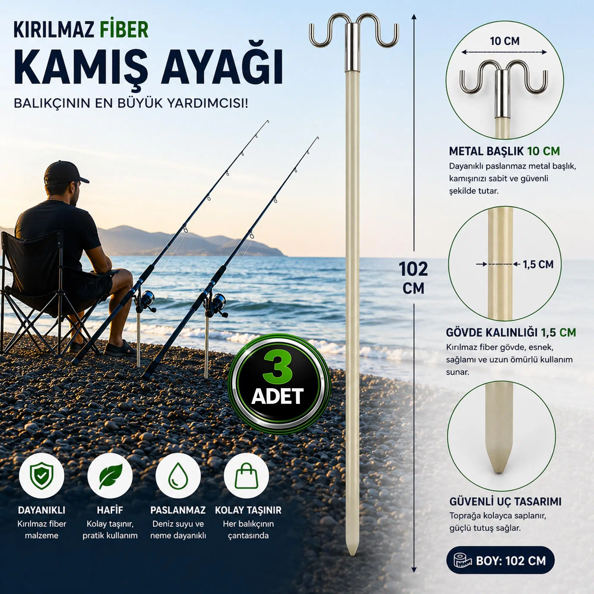 Hedyex Kırılmaz Fiber Kamış Ayağı 102 cm Çift Başlıklı Olta Tutucu 3 Adet