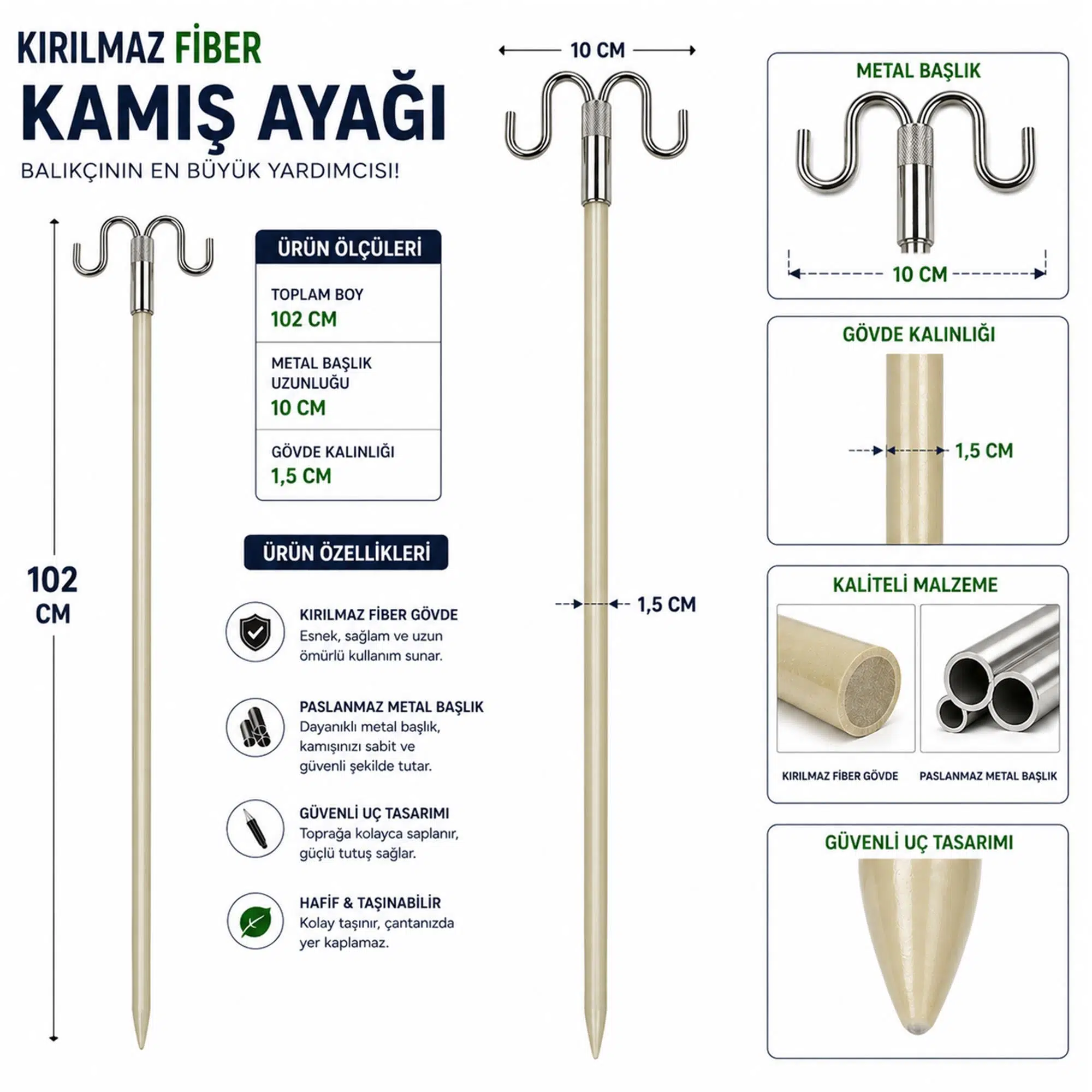 Hedyex Kırılmaz Fiber Kamış Ayağı 102 cm Çift Başlıklı Olta Tutucu 4 Adet Hedyex Kırılmaz Fiber Kamış Ayağı 102 cm Çift Başlıklı Olta Tutucu 4 Adet