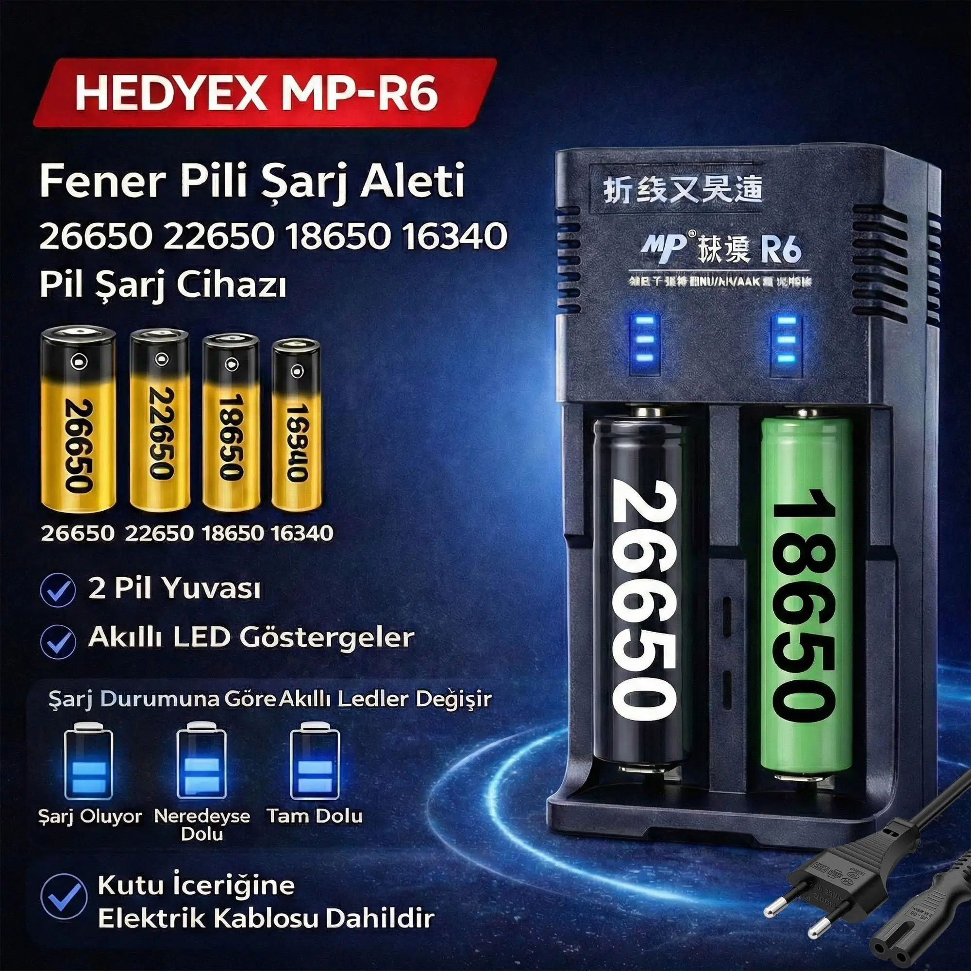 Hedyex MP-R6 Fener Pili Şarj Aleti 2li Display 26650 22650 18650 16340 14500 Pil Şarj Cihazı