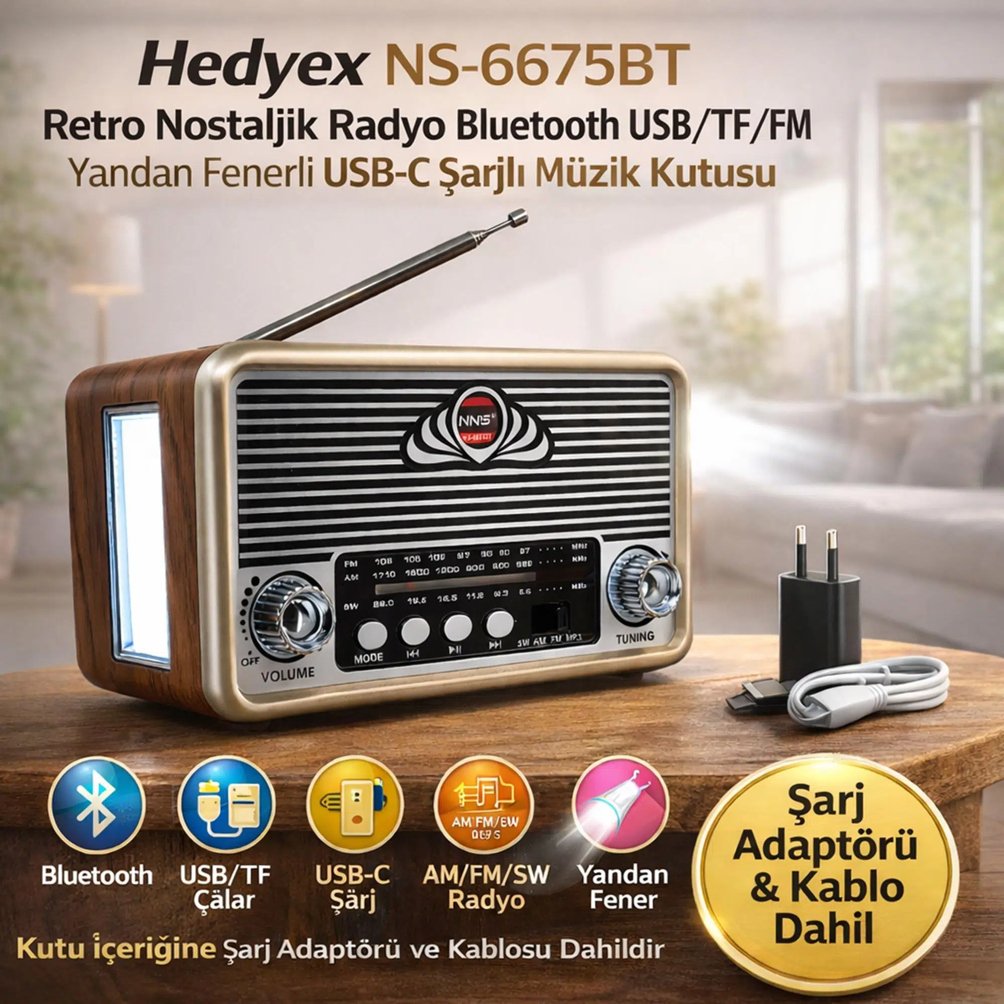 Hedyex NS-6675BT Retro Nostaljik Radyo Bluetooth USB/TF/FM Yandan Fenerli USB-C Şarjlı Müzik Kutusu