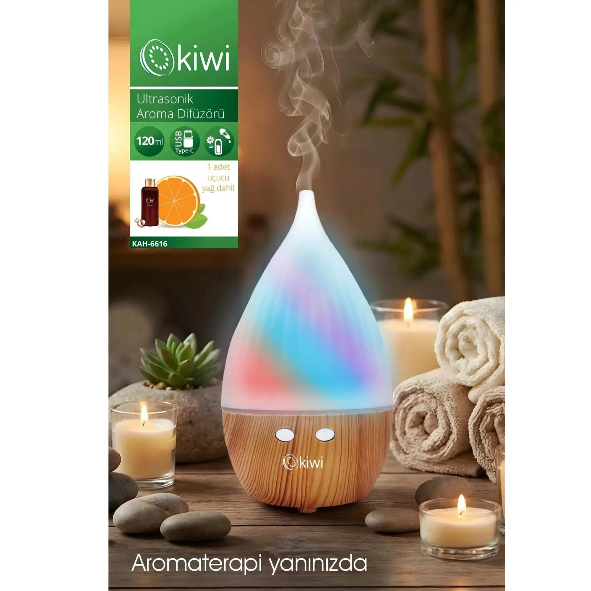 Kiwi KAH-6616 Ultrasonik Aroma Difüzörü 120ml Usb-C Şarjlı