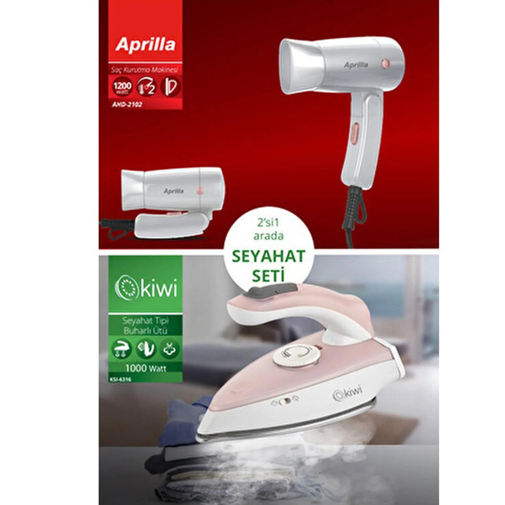 Kiwi Kats-12 Seyahat Seti Katlanabilir Beyaz Saç Kurutma Makinesi ve Pembe Seyahat Ütüsü