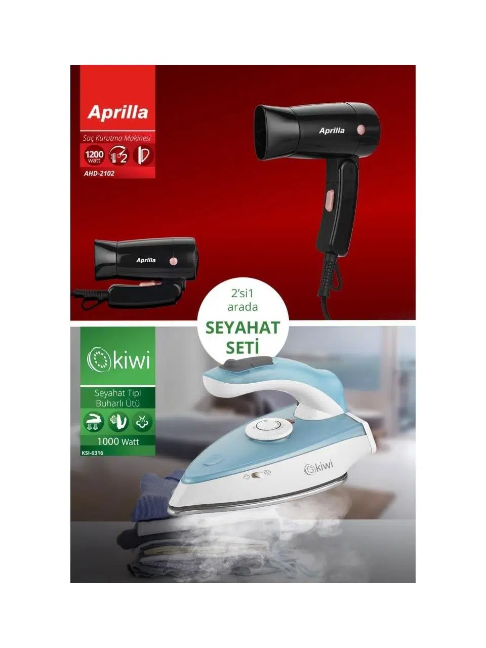 Kiwi Kats-12 Seyahat Seti Katlanabilir Siyah Saç Kurutma Makinesi ve Mavi Seyahat Ütüsü