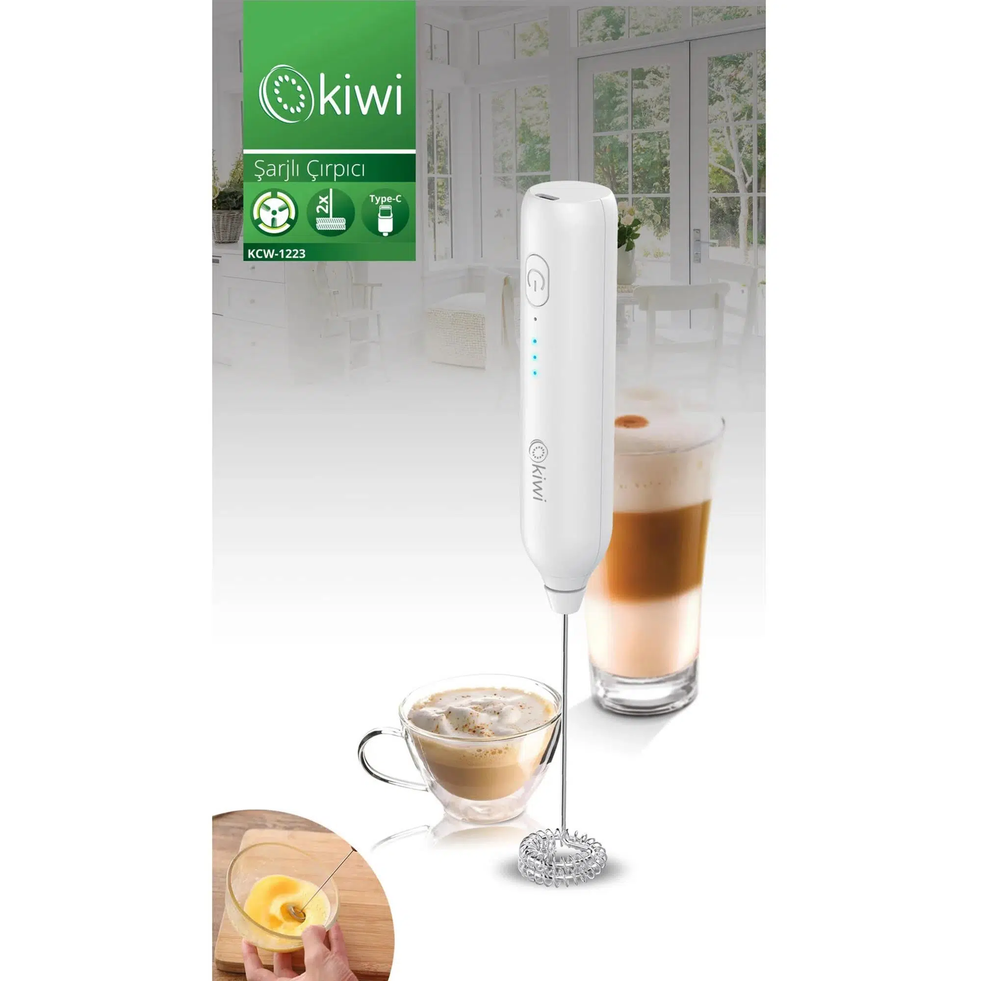 Kiwi KCW-1223 Kablosuz Şarjlı Çırpıcı Süt Kahve Köpürtücü Beyaz