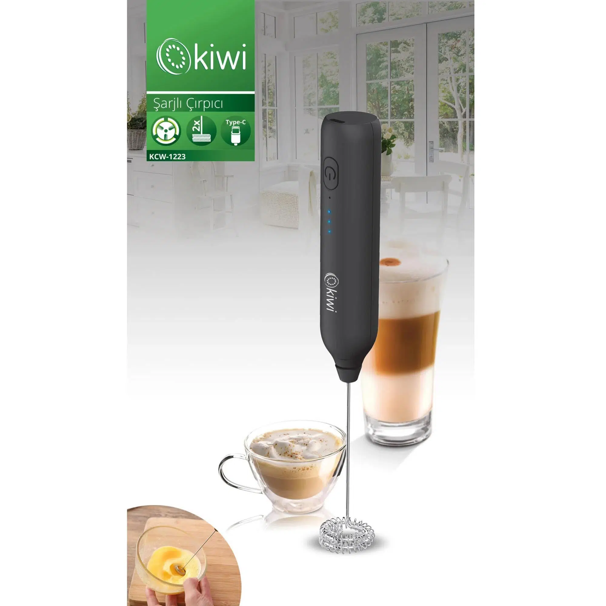 Kiwi KCW-1223 Kablosuz Şarjlı Çırpıcı Süt Kahve Köpürtücü Siyah