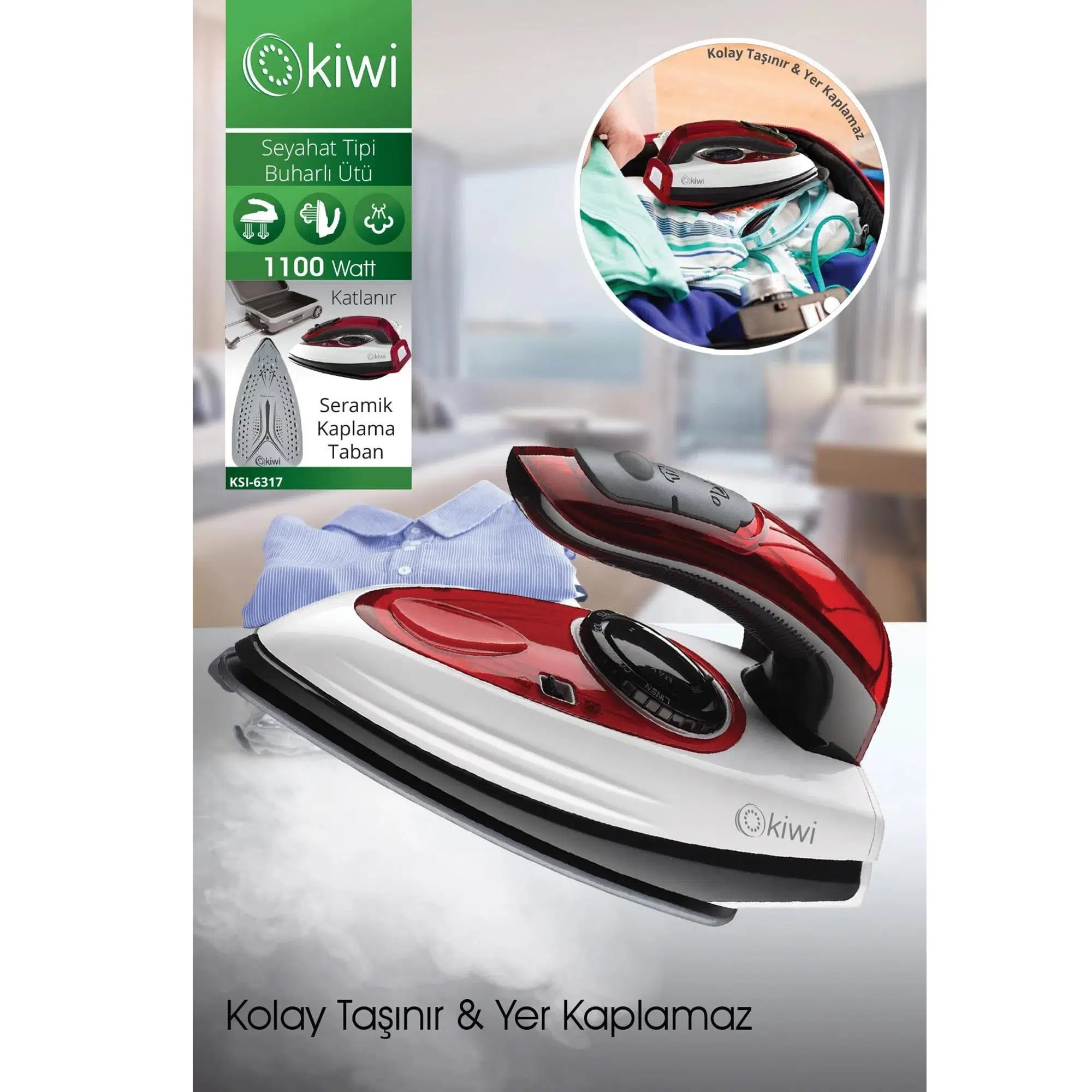 Kiwi KSI-6317 Seyahat Tipi Buharlı Ütü Seramik Kaplama Taban Kırmızı
