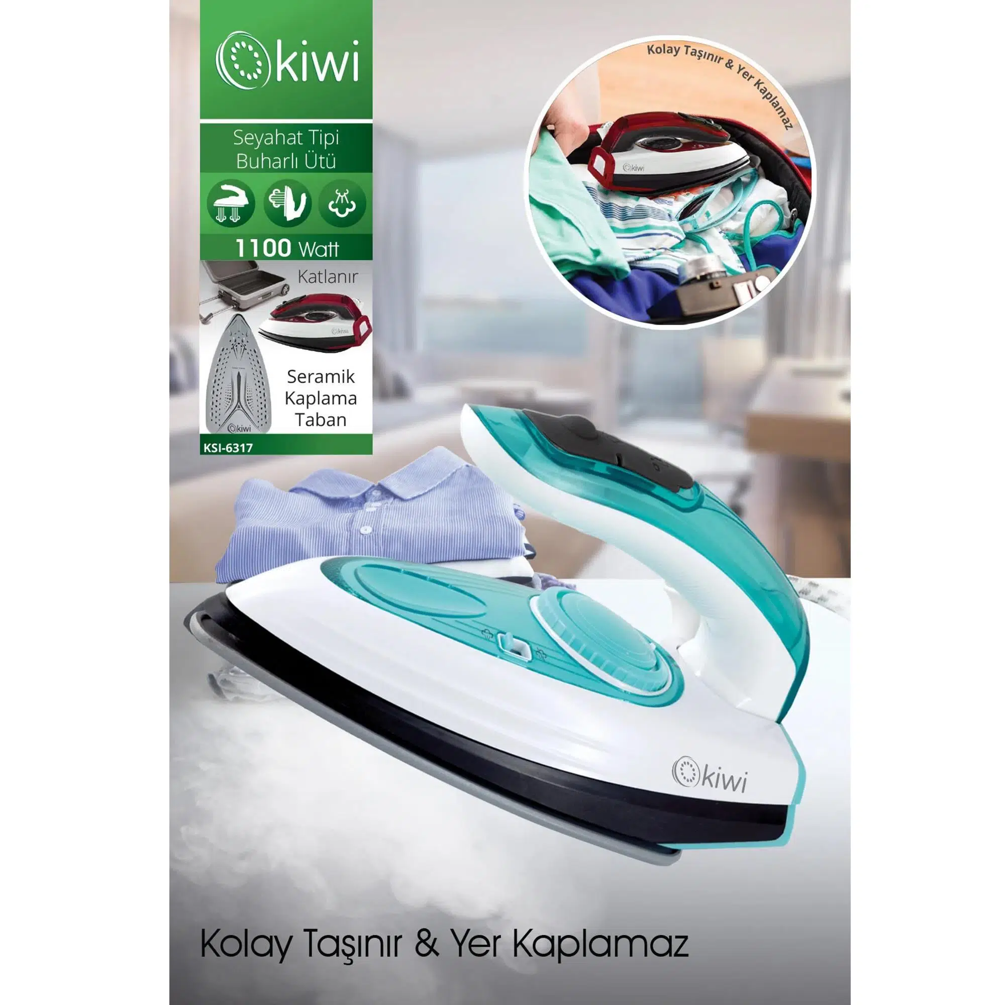 Kiwi KSI-6317 Seyahat Tipi Buharlı Ütü Seramik Kaplama Taban Mavi