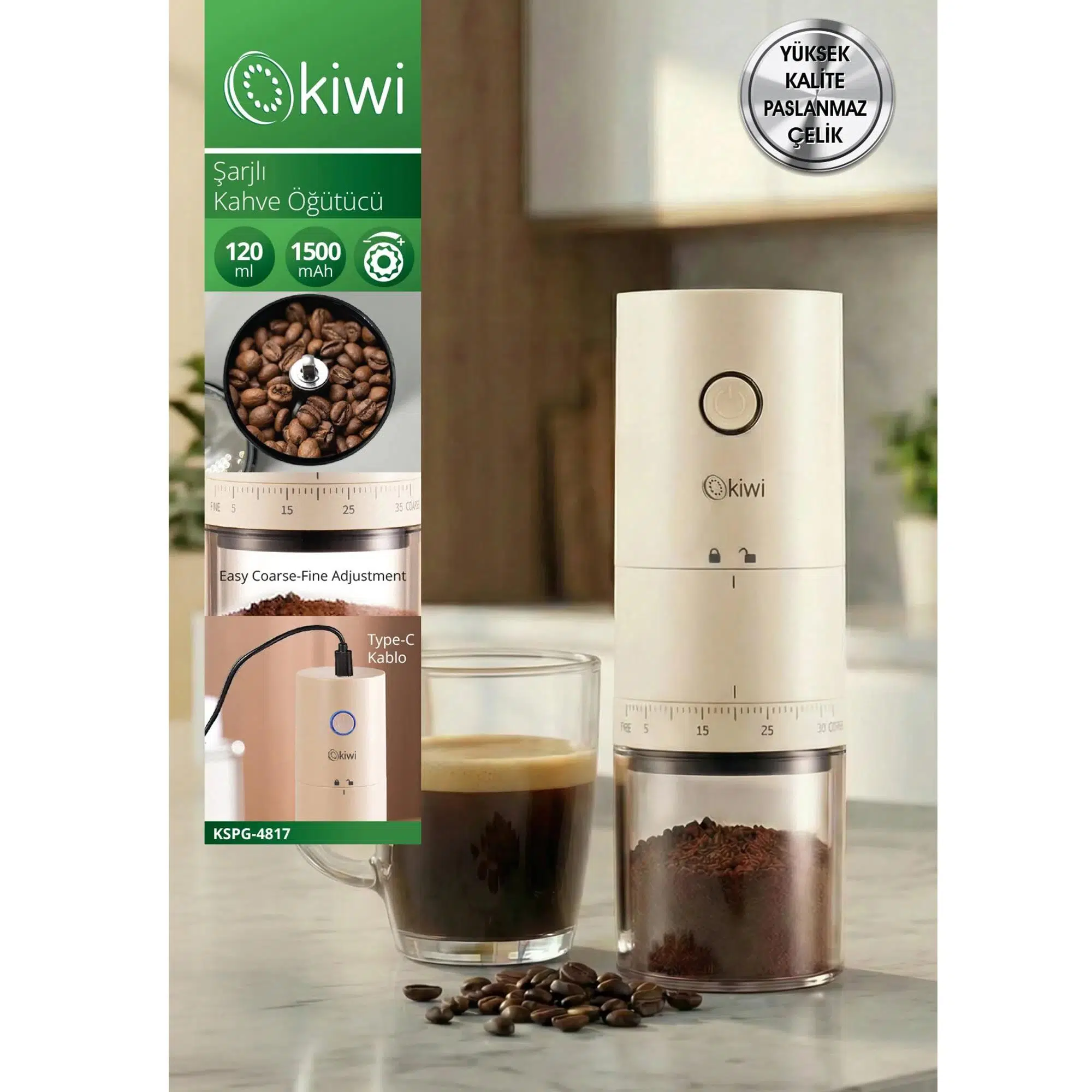 Kiwi KSPG-4817 Şarjlı Kahve Öğütücü 120ml 1500mAh Krem