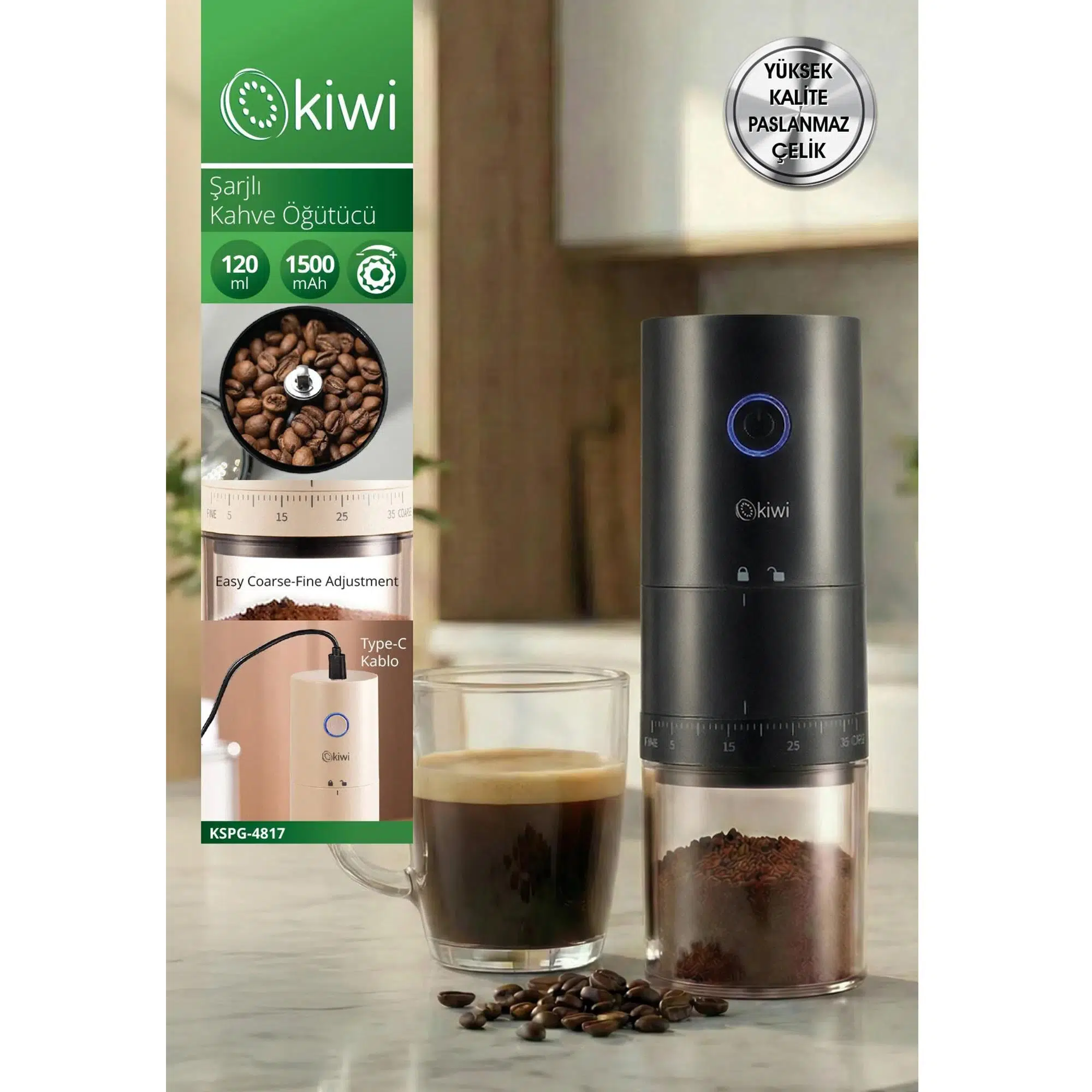 Kiwi KSPG-4817 Şarjlı Kahve Öğütücü 120ml 1500mAh Siyah