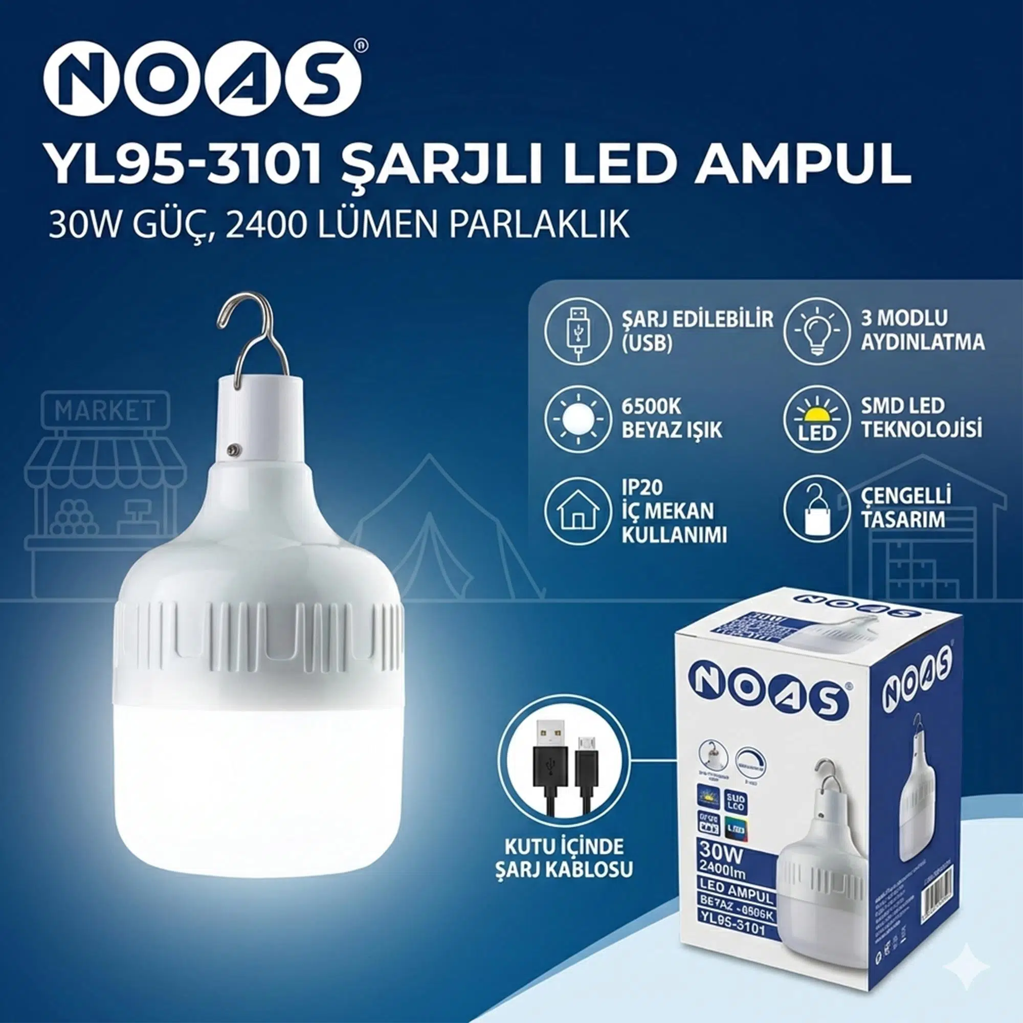 Noas 30W Şarjlı Smd Led Ampül 2400lm IP20 3 Mod Beyaz Işık Çengelli