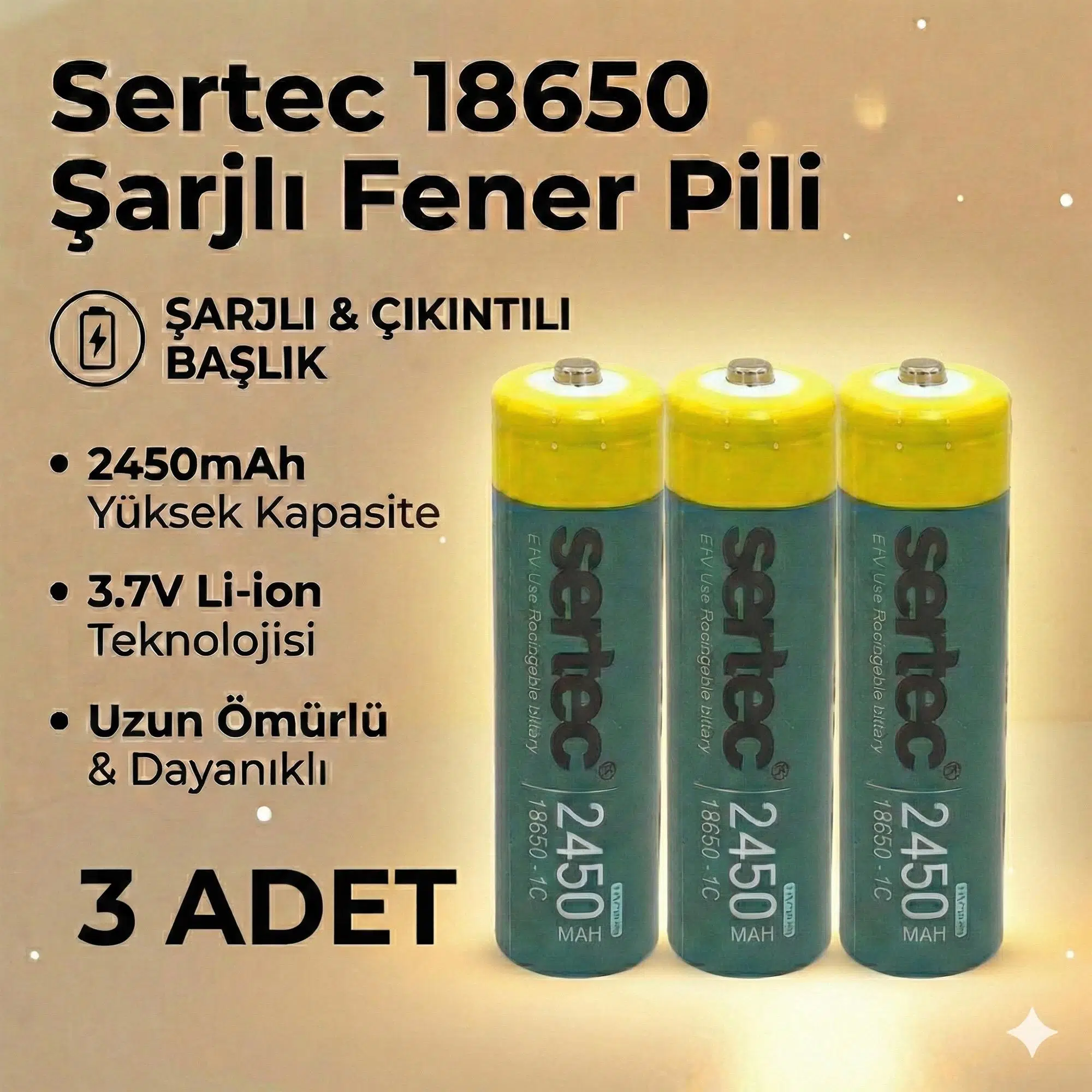 Sertec 18650 1C Şarjlı Pil 2450mAh Çıkıntılı Başlıklı Fener Pili 3.7V Li-ion 3lü