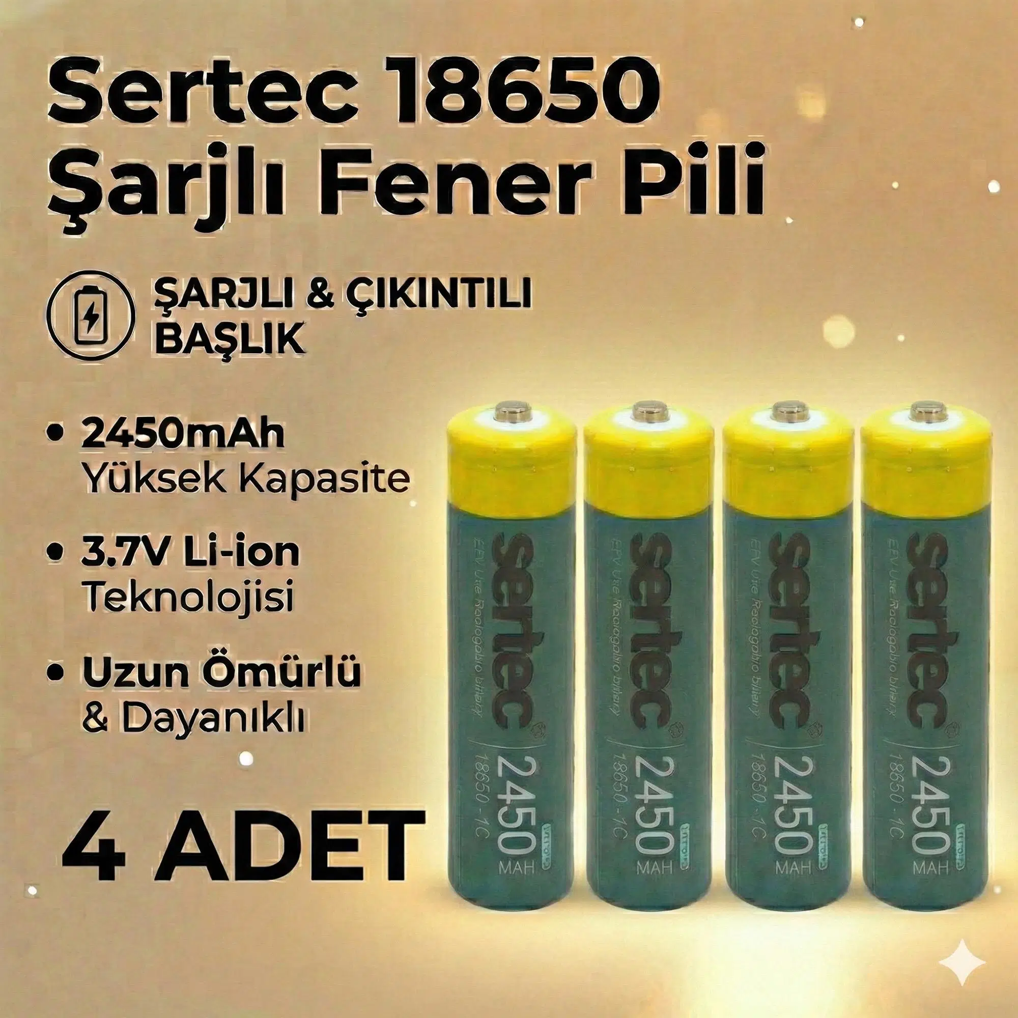 Sertec 18650 1C Şarjlı Pil 2450mAh Çıkıntılı Başlıklı Fener Pili 3.7V Li-ion 4lü