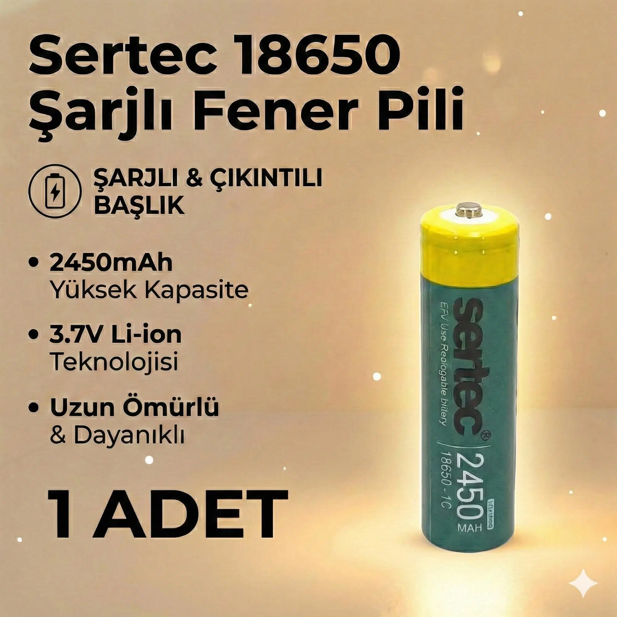 Sertec 18650 1C Şarjlı Pil 2450mAh Çıkıntılı Başlıklı Fener Pili 3.7V Li-ion