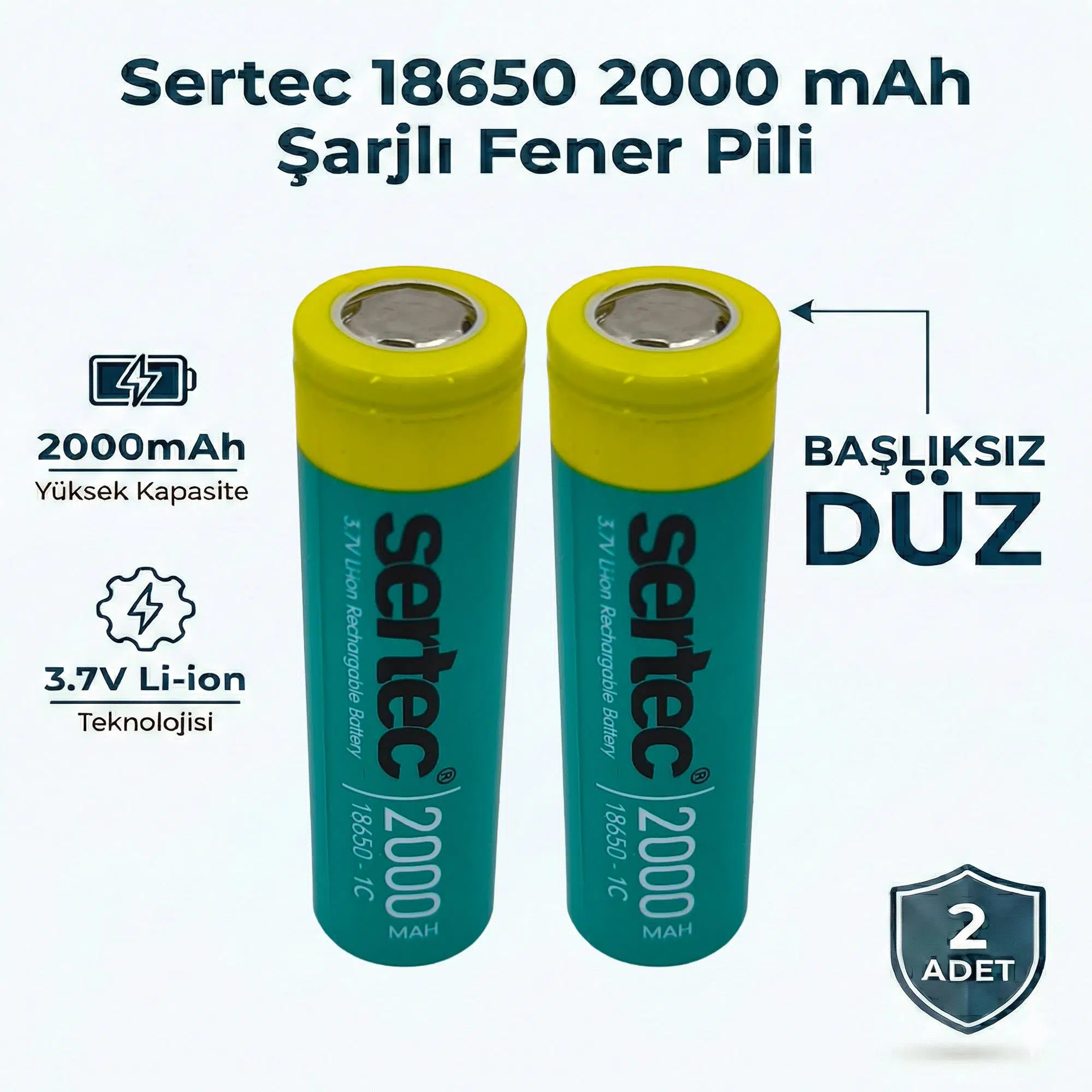 Sertec 18650 Şarjlı Pil 2000mAh Fener Pili 3.7V Li-ion Başlıksız Düz 2li