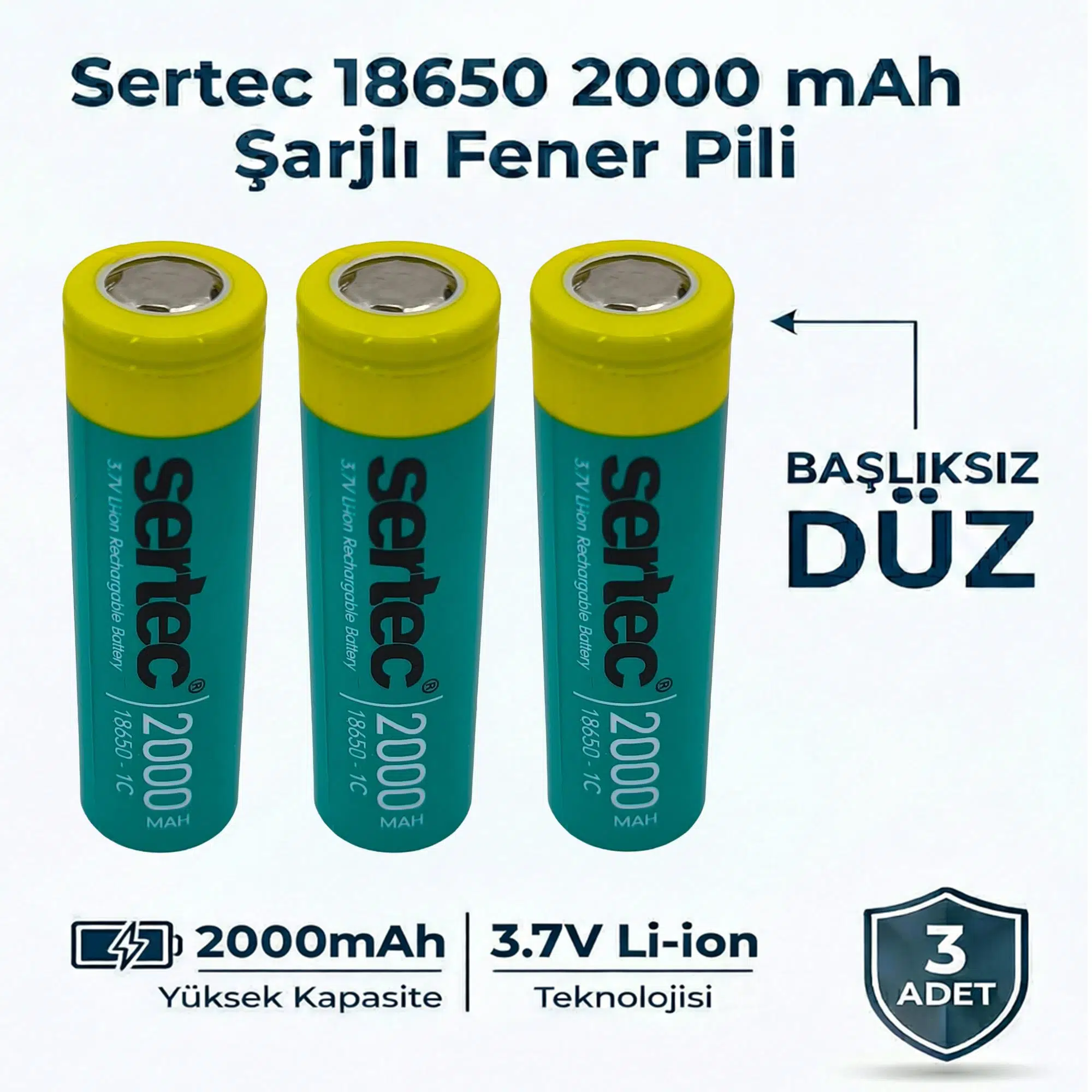 Sertec 18650 Şarjlı Pil 2000mAh Fener Pili 3.7V Li-ion Başlıksız Düz 3lü